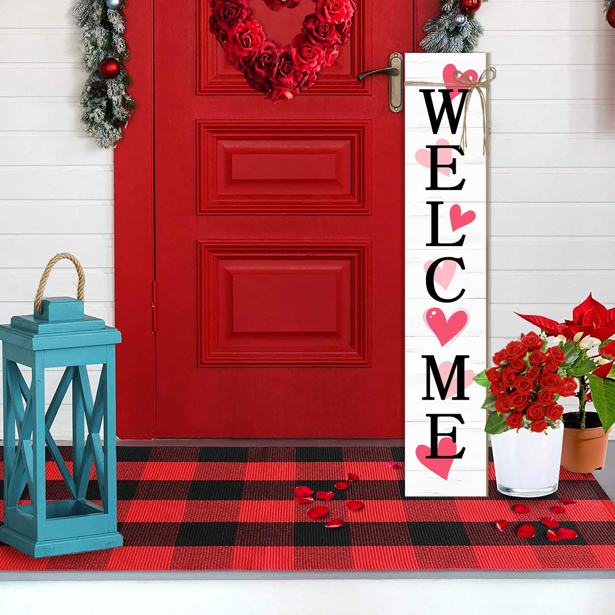 Valentine's Day Wooden Porch Sign 47" Spring Large Welcome Porch Sign for Home Front Door Yard Couple Party Decor (Red)