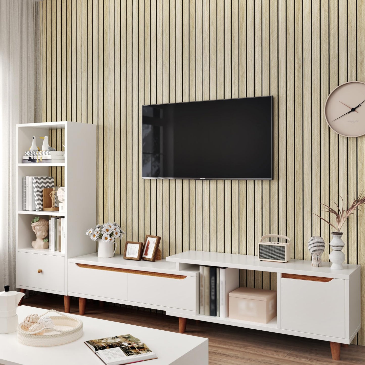 STICKEEP Oak Wood Panels Peel and Stick 3D Textured Acoustic Wall Slats Panel for Interior Wall Decor Self Adhesive Soundproof Wooden Slatted Panel Wallpaper for Bedroom Office Studio 23.6"x118"