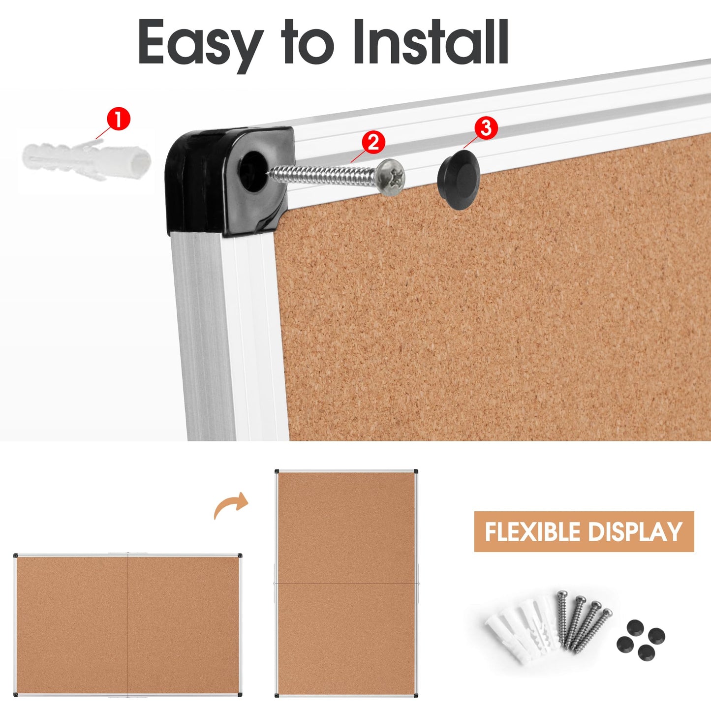 Board2by Cork Board Bulletin Board 36 x 48, Silver Aluminium Framed 4x3 Corkboard, Foldable Office Board for Wall, Large Wall Mounted Notice Pin Board with 36 Push Pins for School, Home & Office