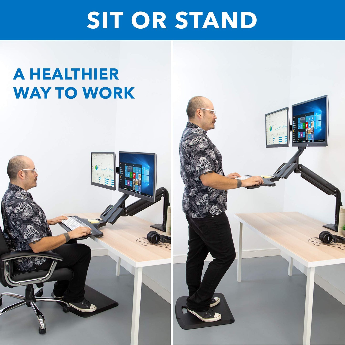 Mount-It! Dual Monitor Arm Desk Mount Sit-Stand Workstation with 2 USB 3.0 Ports, Height Adjustable 23.1–42.9”, Fits Two 17–27” Screens, 13.2 lbs Each, VESA 75x75 100x100, Clamp or Grommet