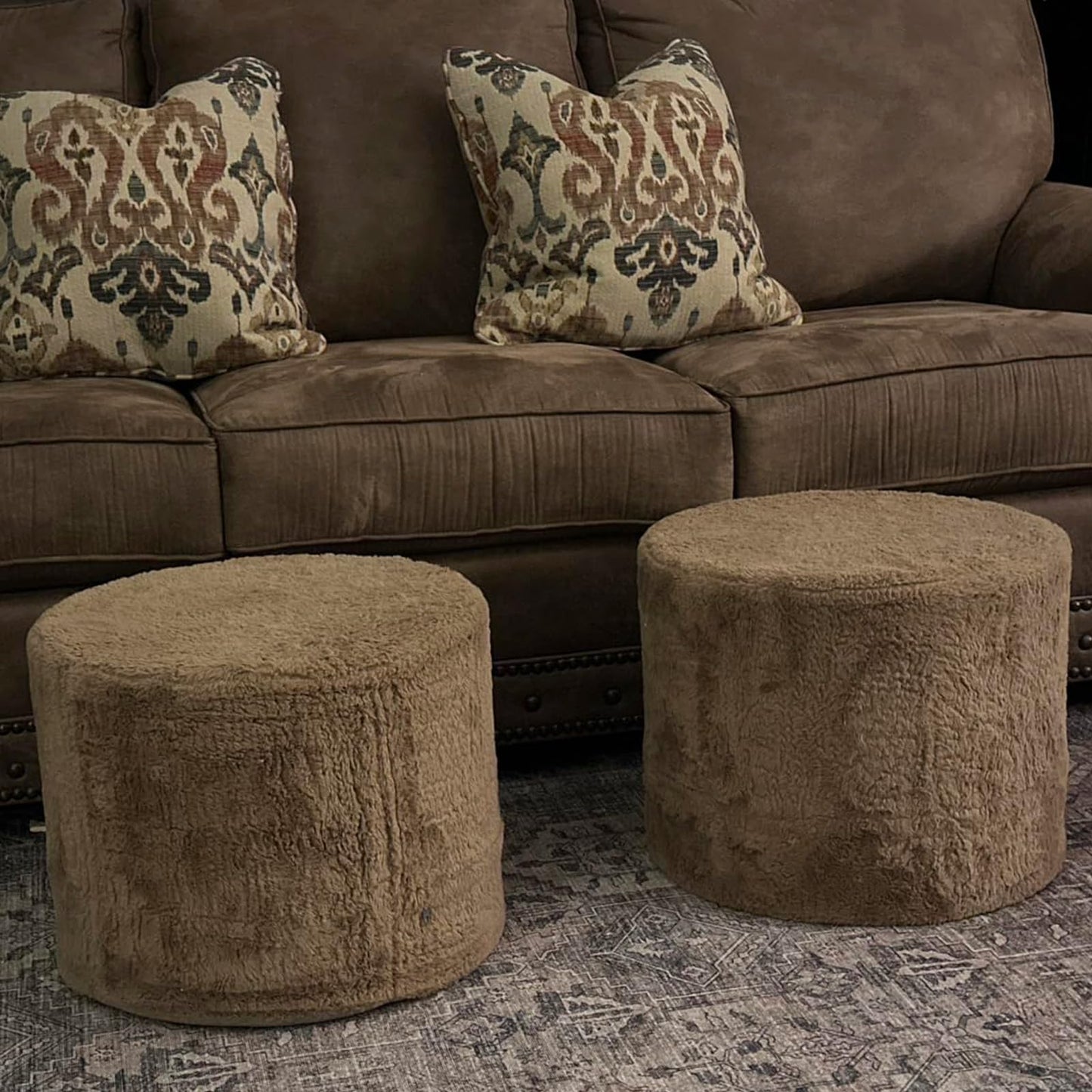 Tiita Pouf Ottoman and Foot Rest, Round Foam Stuffed Floor Pouf with Storag for Living Room, Brown