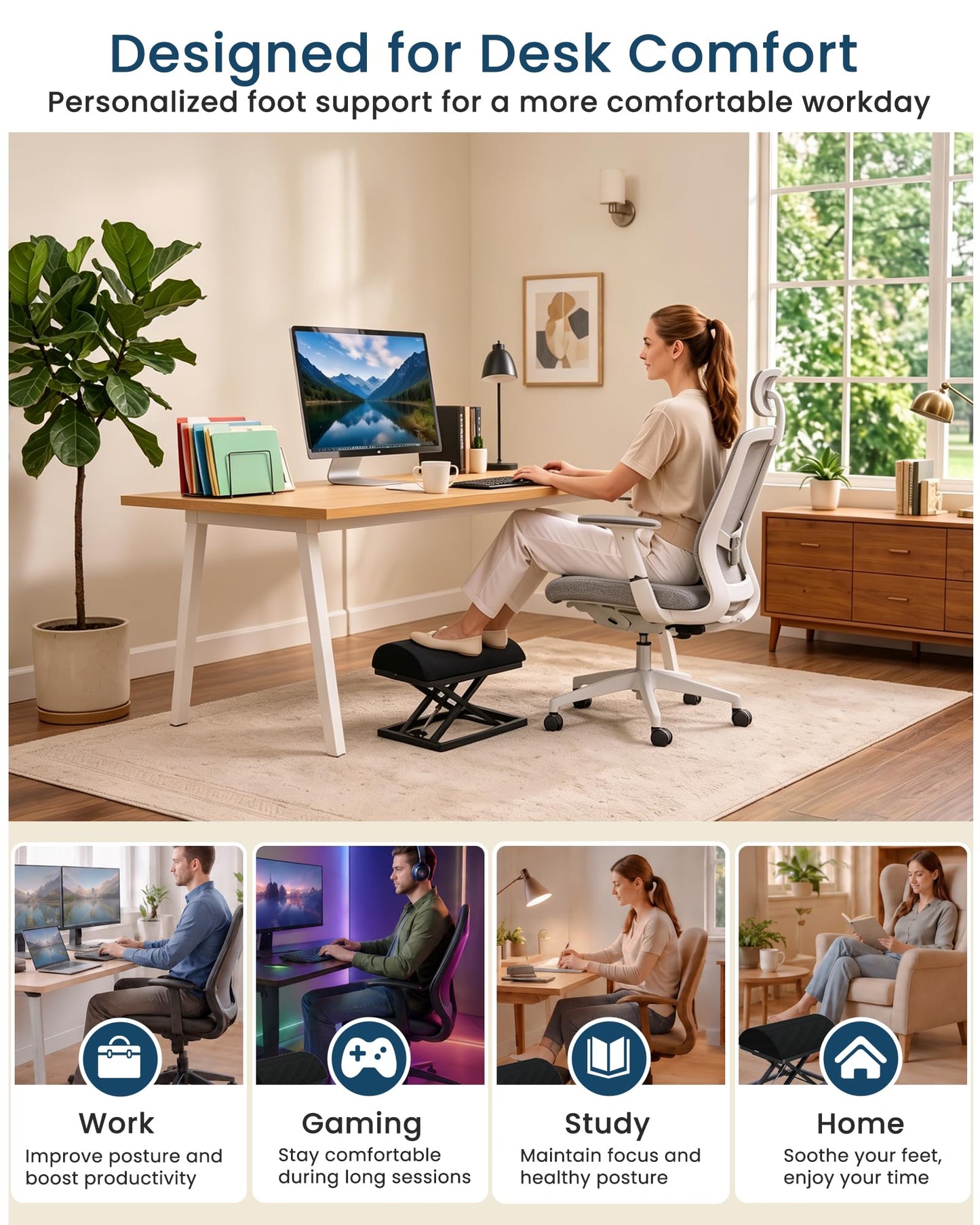 Wikabex Truly Infinite Height Adjustable Footrest｜No Bending Needed—Foot Step-to-Adjust｜2.7"-13.1" Height｜Washable｜Foot Rest Stool for Under Desk at Work, Office/Home/Gaming/Study Desk Essentials