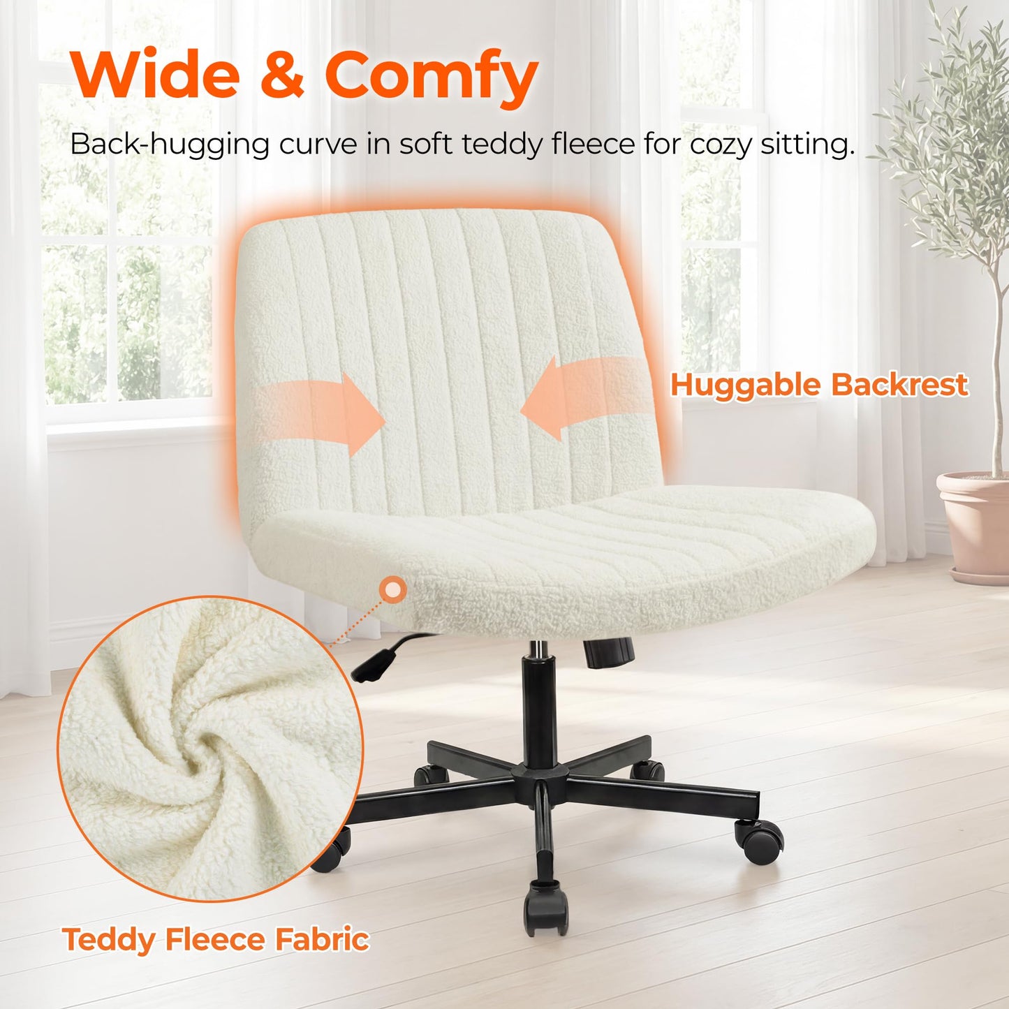 Orange Factory Criss Cross Chair Wheels Vanity Chair Office Desk Comfy Wide Cross Legged Armless Teddy Fabric Adjustable Swivel for Home Computer Task (White, Teddy Fleece)
