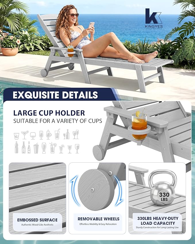 KINGYES HDPE Lounge Chair Outdoor Set of 4, Patio Chaise Lounge Recliner