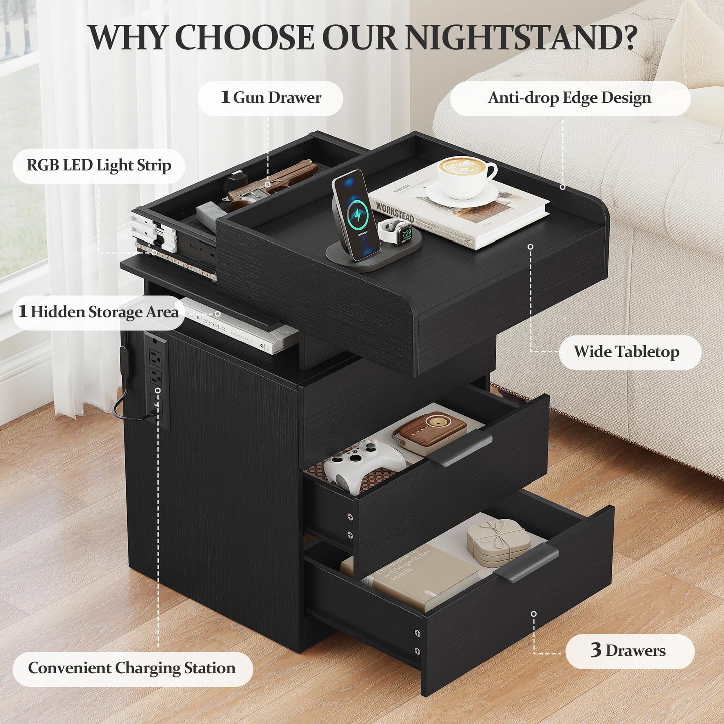 Turosur Night Stand with Gun Drawer, LED Nightstand with Charging Station, Wood Bedside Table with Hidden Storage and 3 Drawers for Bedroom, Modern Black