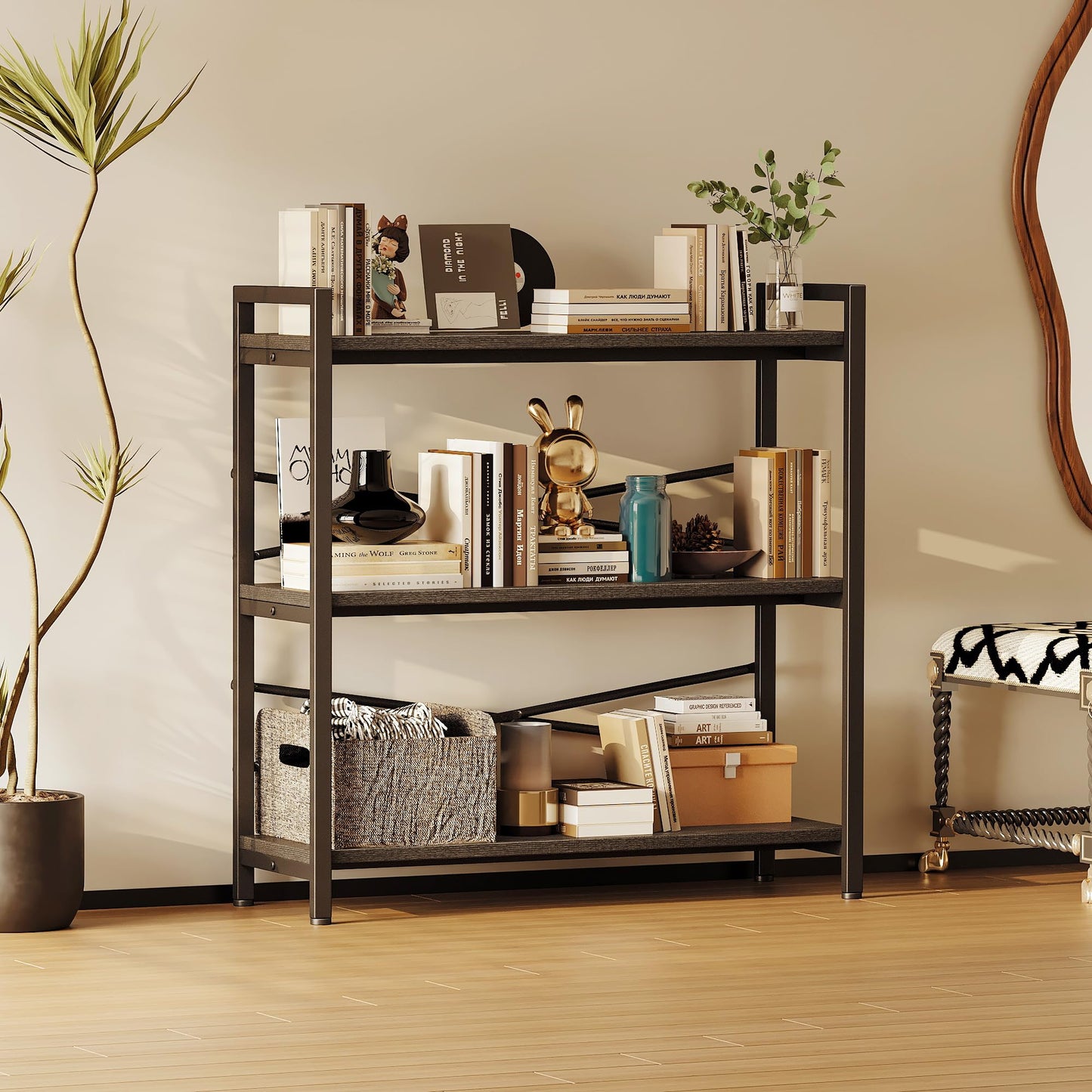 Book Shelf, 3 Tier Bookshelf 31.49" Width, Book Shelf Storage and Organization, Wooden and Metal Industrial Bookcase, Large Book Shelves for Home Living Room Bedroom Office Storage(Black)