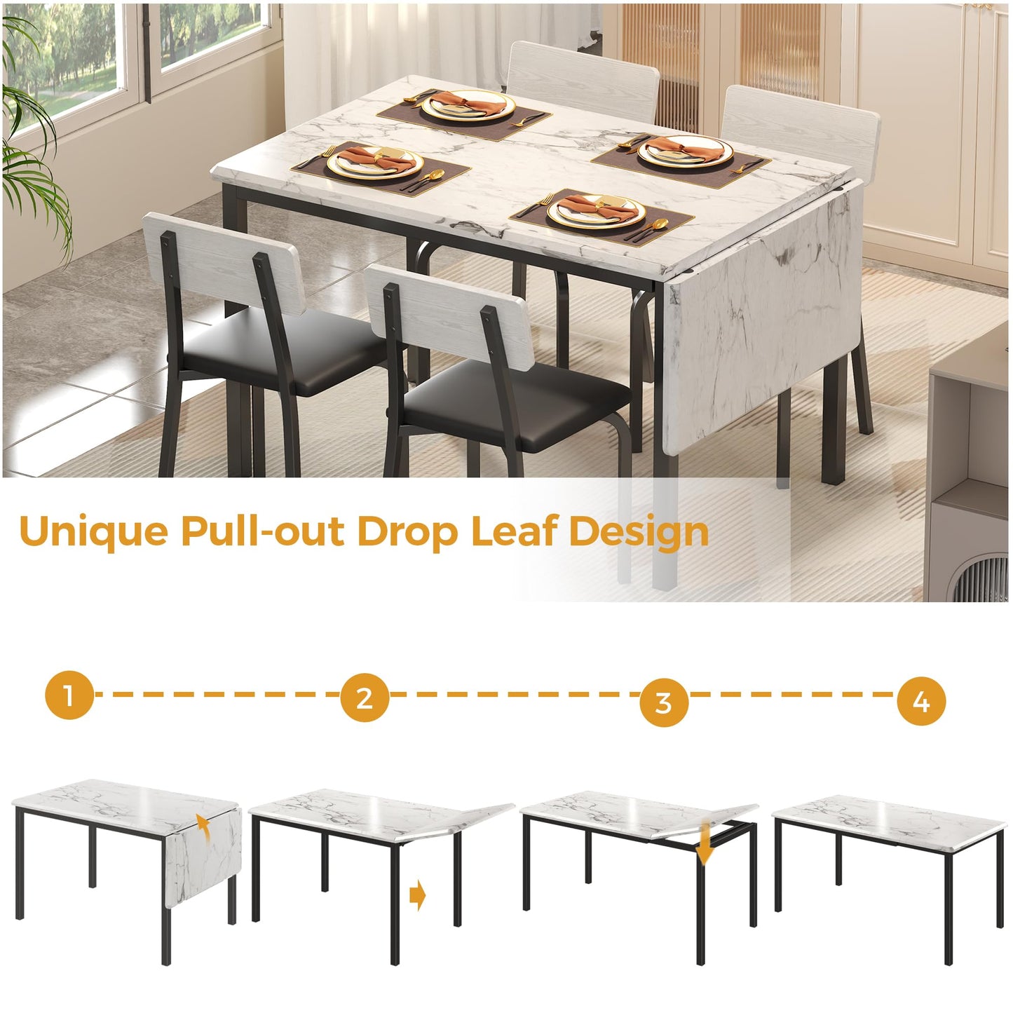 IRONCK 5-Piece 63" Extendable Dining Table with 4 Upholstered Chairs, Kitchen Table Set for 4-8 People, Dining Room Sets with MDF Wood Board, Drop Leaf Table Design for Space Saving, Marple White