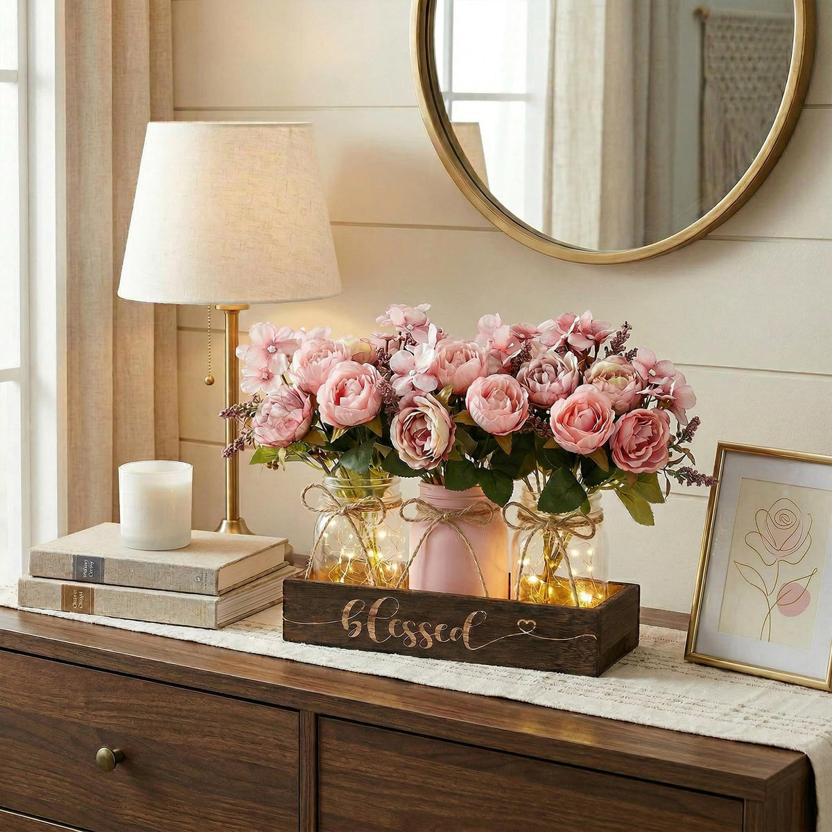 Fancyplus 3 Pcs Mason Jar Centerpiece with Wood Tray & LED Light, Farmhouse Table Decor for Dining Room Kitchen Living Bathroom, Pink