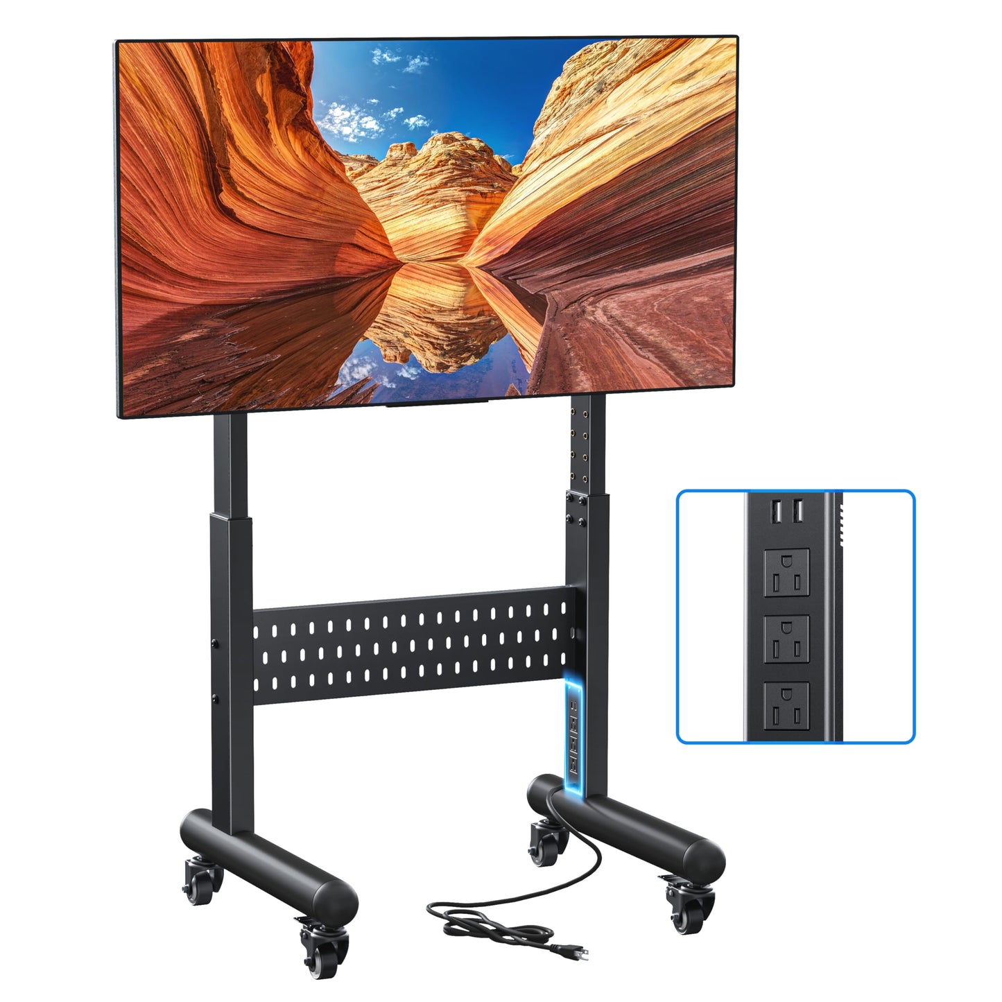 Afaloona Commercial Rolling TV Stand with Power Outlet, Mobile TV Cart with Lockable Wheels for 32-65 Inch TVs up to 176 lbs, Height Adjustable with Pegboard Storage, Max VESA 600x400mm