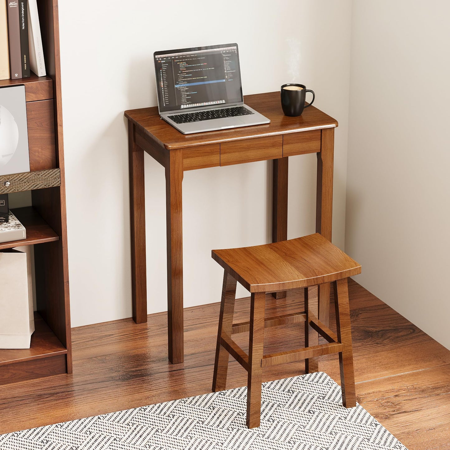 Love-KNPTUS Solid Wood Desk with Drawers - 23.6" Narrow Desks for Small Spaces, Mid Century Modern Desks, Small Wooden Vintage Computer Writing Desk, Study Table for Home Office Bedroom, Walnut