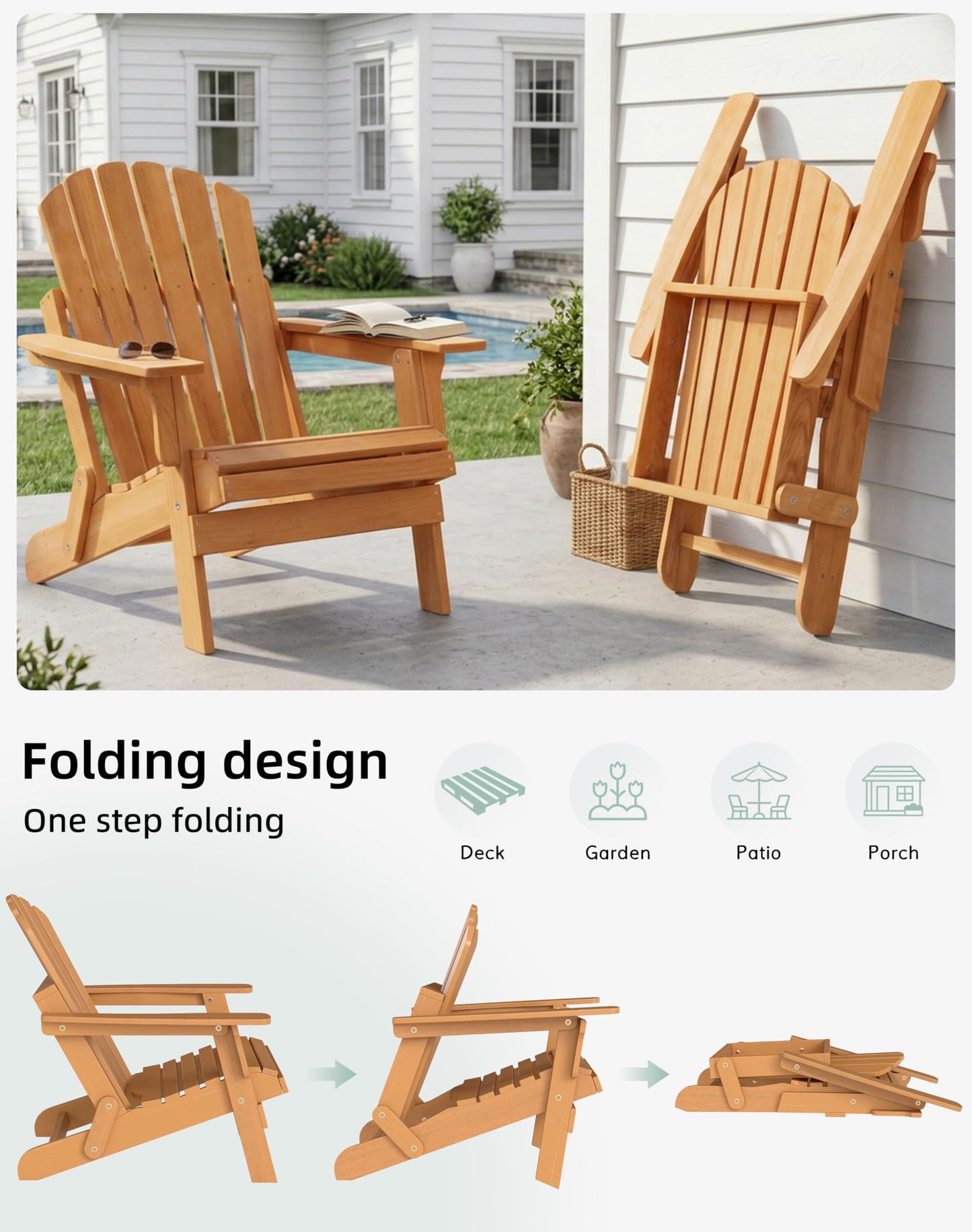 Wood-Natrl Oversized Wooden Folding Adirondack Chair with Pre-Assembled Backrest and Seat Board, Lounge Chair for Outdoor Patio Garden Lawn Backyard Firepit Deck Pool Beach