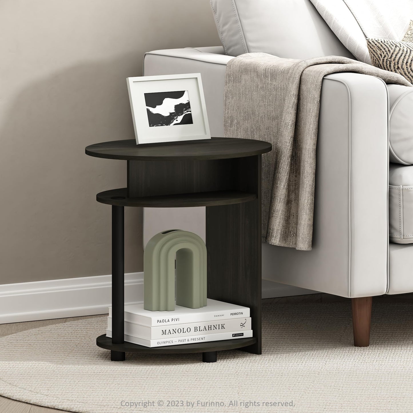 FURINNO Oval End Table, One, Walnut