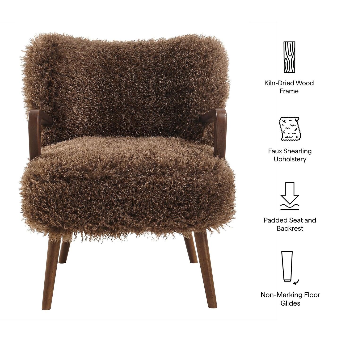 Modway Zerra Upholstered Faux Shearling Lounge Chair in Brown – Mid-Century Modern Accent Armchair with Wood Frame – Fuzzy Fabric Single Sofa Chair
