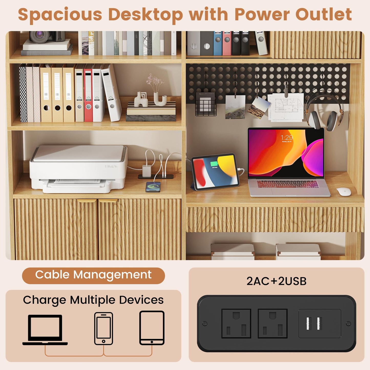 kepptory 63" Tall Computer Desk with Hutch, Fluted Wood Home Office Desk with Charging Station, Drawer & Storage Cabinet, Oak Workstation for Work & Study