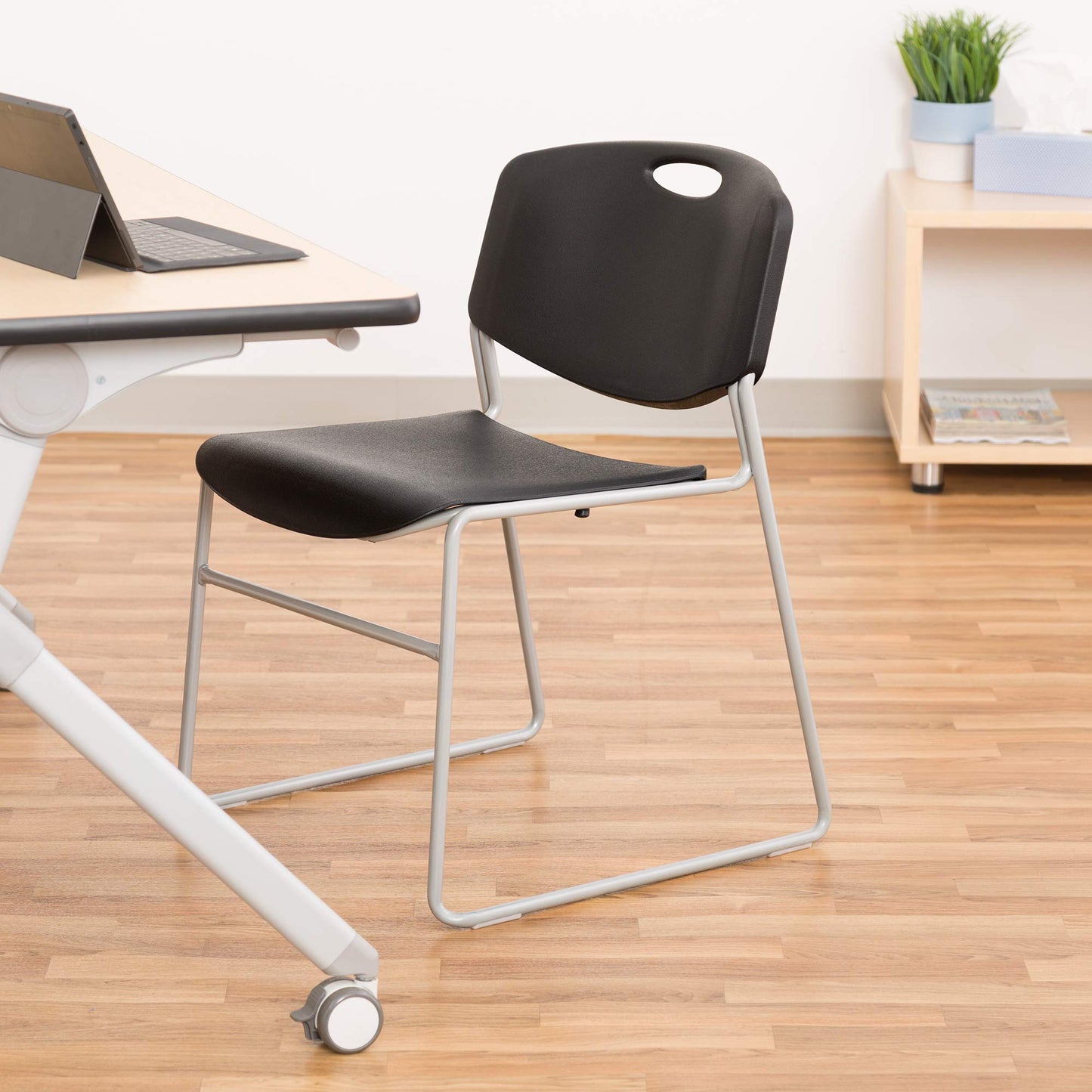 Norwood Commercial Furniture Heavy-Duty Plastic Stacking Chair, Black Seat w/Silver Mist Frame, NOR-FEI1059BK-SO (Pack of 4)