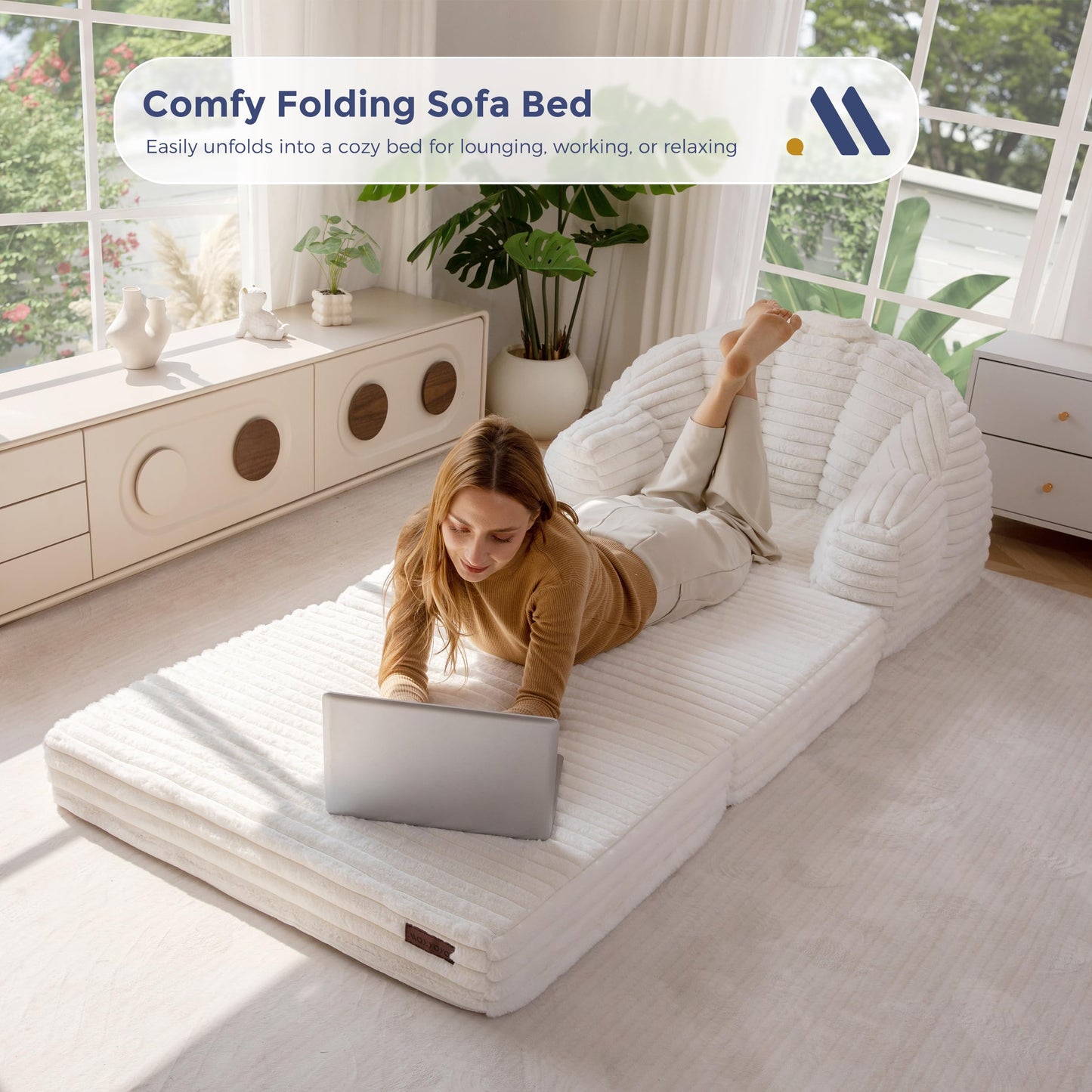 MAXYOYO Folding Sofa Bed, 2 in 1 Convertible Sofa to Lounger Comfy Faux Fur Bean Bag Chair for Adults, Floor Single Couch Chair with Handle, Couch Bed for Living Room Bedroom, Beige