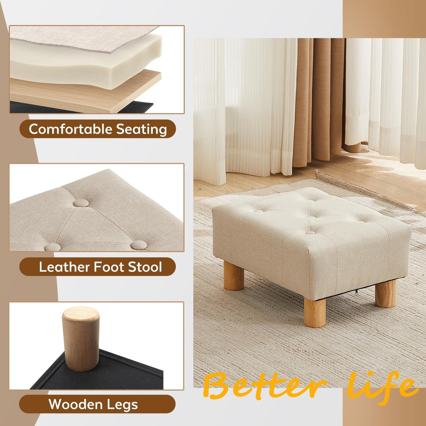 FIMIVIBI Small Foot Stool Ottoman, Linen Footstool Ottoman Foot Rest for Couch, Rectangle Footstools and Ottomans Small for Living Room, Entryway and Bedroom (Beige)