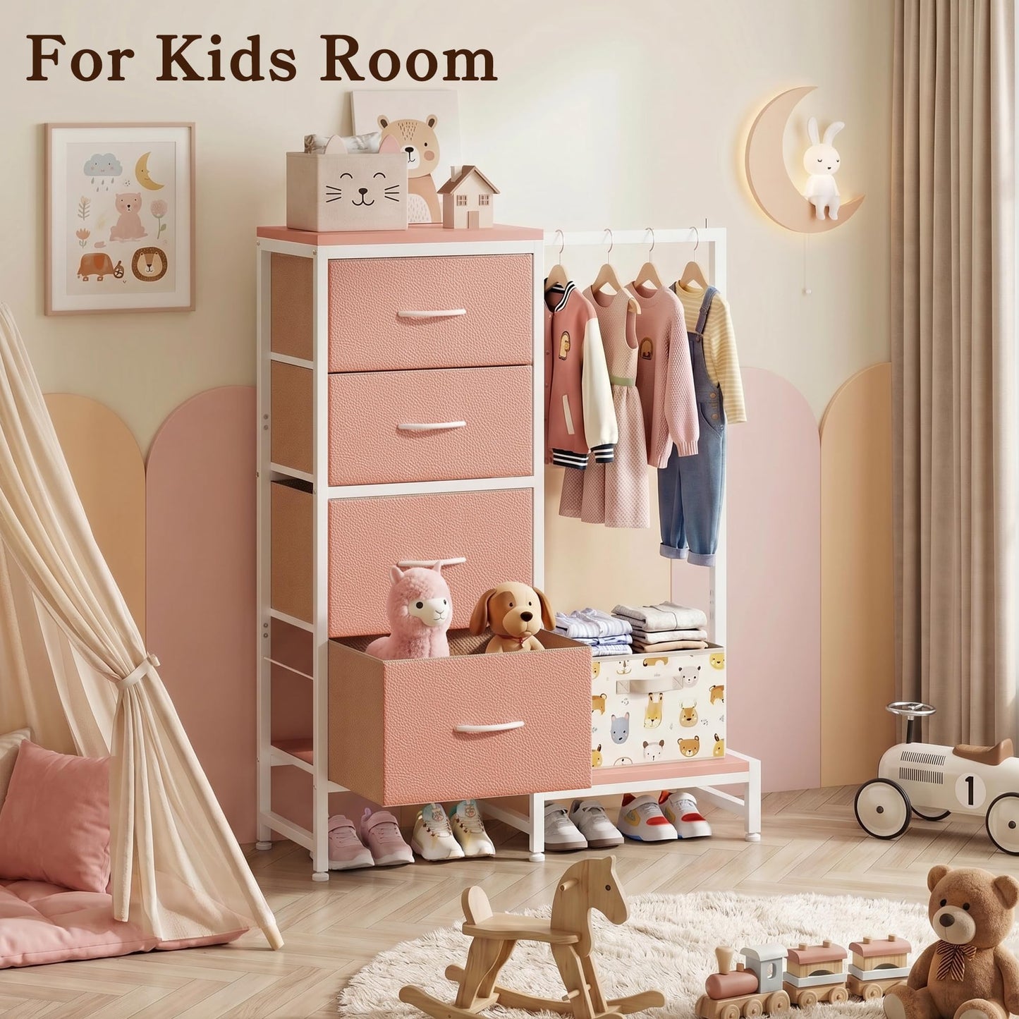 HIGDBFE Dresser with Hanging Rack, 4 Drawers Small Closet for Bedroom, Reversible Fabric Kids Chest of Drawers with Clothes Rack, Tall Storage Tower, Sturdy Frame, Pink, 44''H