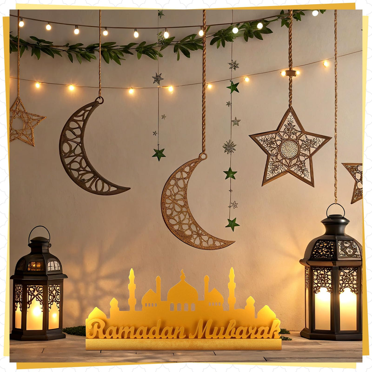 13.78 Inch Metal Ramadan Table Sign Ramadan Mubarak Letter Sign Eid Decorations for Home Muslim Golden Palace Islamic Table Centerpiece for Islamic Home Office Kitchen Party Decor Gifts