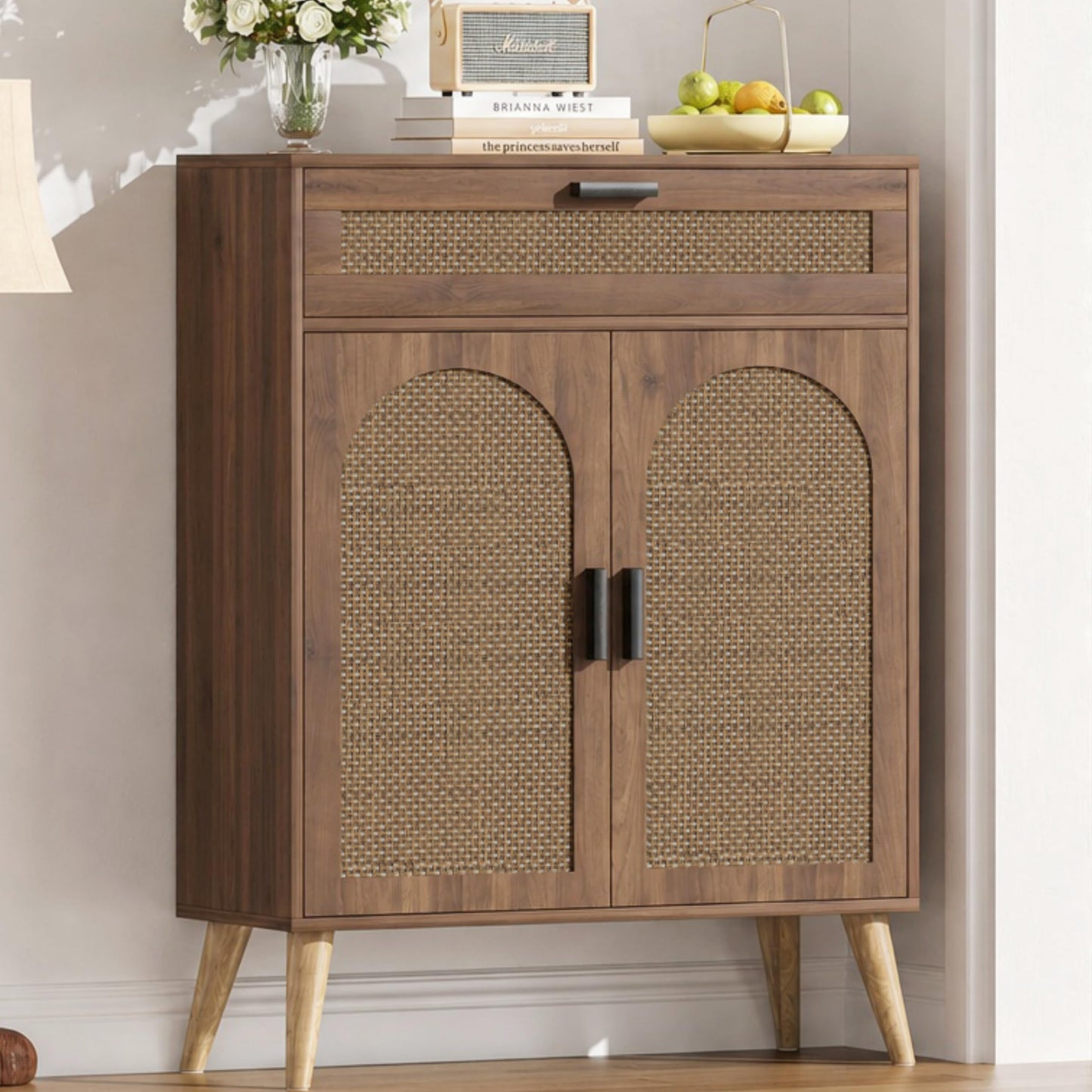 Kaiershi Rattan Buffet Cabinet with Storage, Sideboard with Drawer & Adjustable Shelf, Accent Kitchen Floor Storage Cabinet with 2 Doors & Solid Wood Feet, Coffee Bar for Living Room, Entryway, Walnut