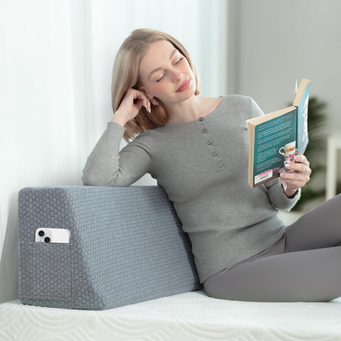 CHERRYARN Wedge Bolster Pillow - Ergonomic Memory Foam Reading & Gaming Pillow for Back, Neck, Hip Pain Relief - Removable Washable Cover for Bed, Couch, Floor, Gray King Size(76"x9"x12")