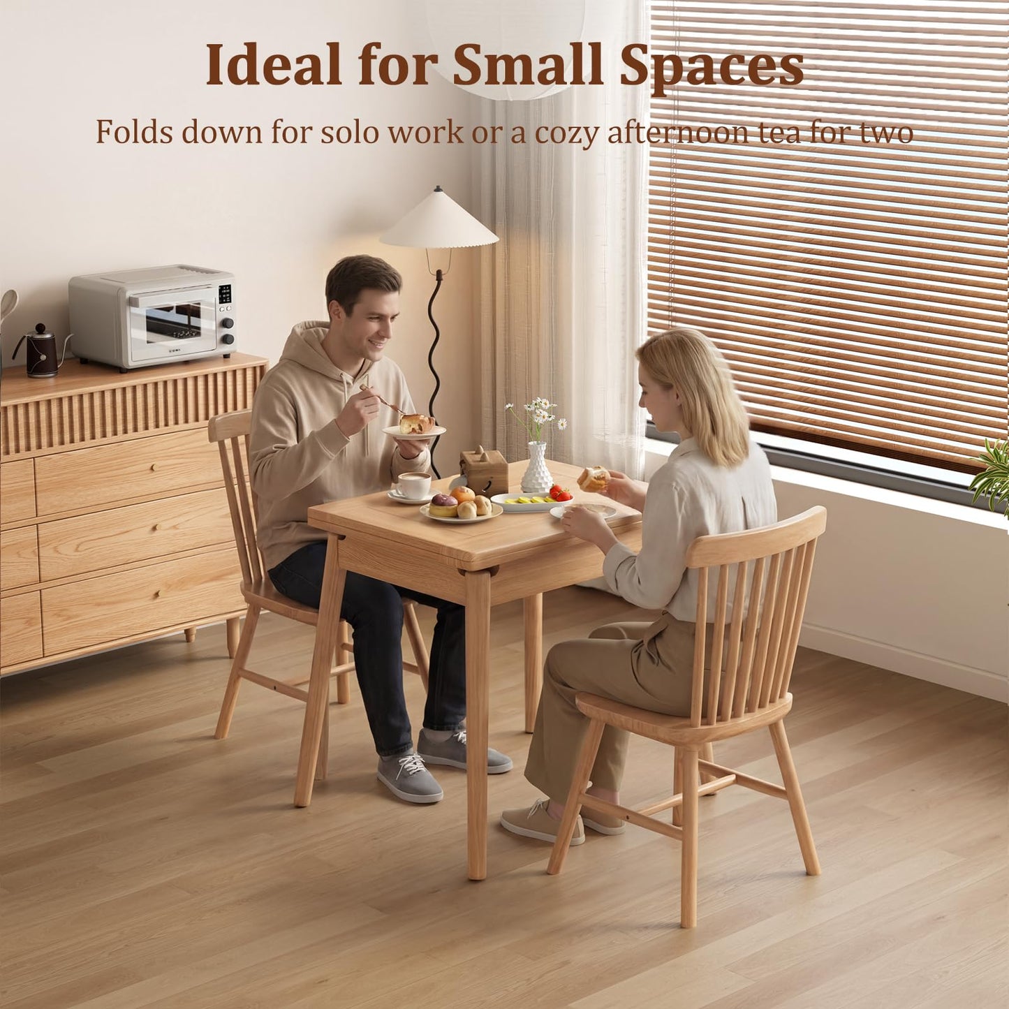 DONGMUWUJEE Solid Wood Small Dining Table, 23.6"L-47.2"L Expandable Kitchen Table for 2-6, Designed for Small Spaces, Easy Assembly, Suitable for Kitchen, Dining Room, Living Room, Apartment (Natural)