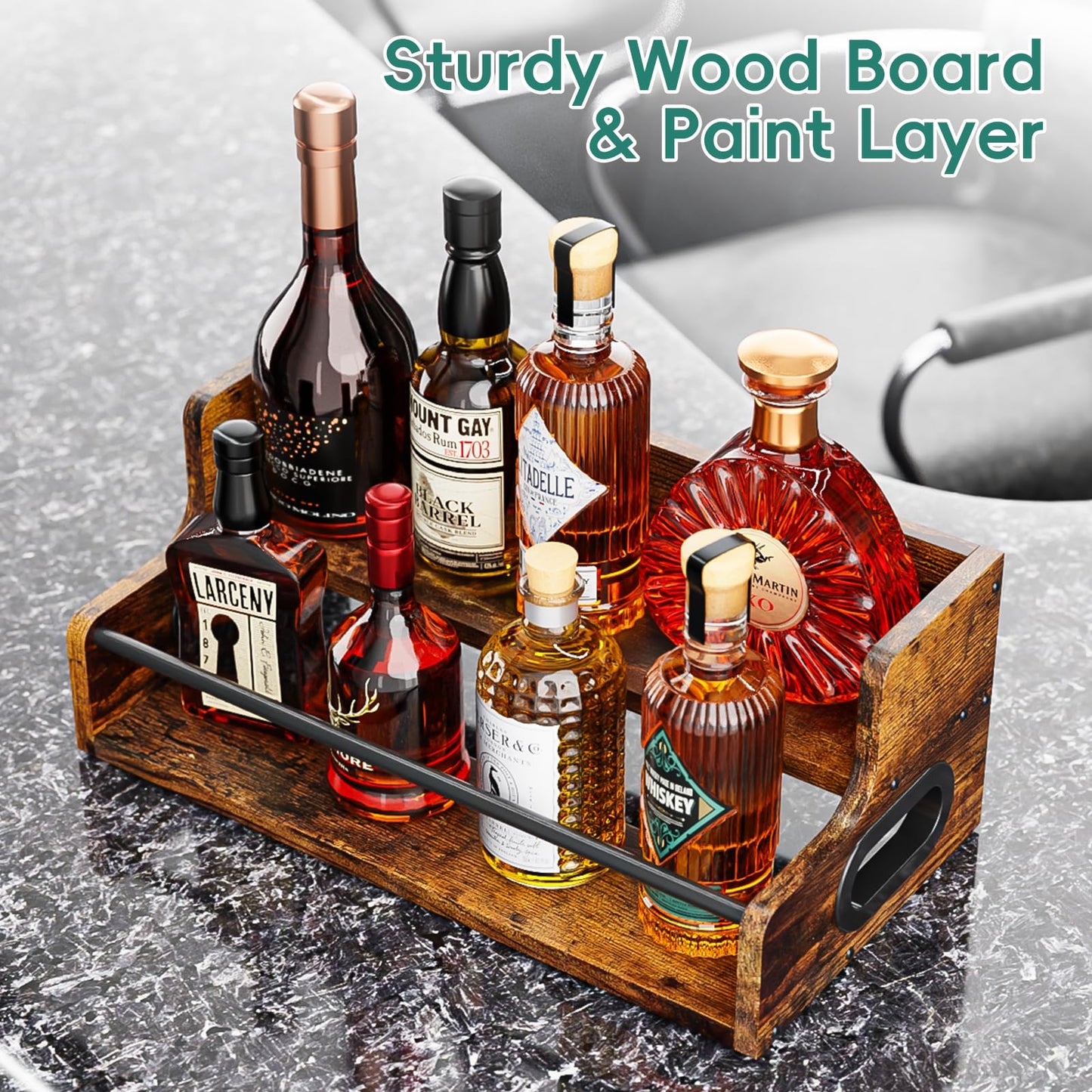 KLM Liquor Bottle Display Shelf, Coffee Syrup Rack Organizer, 2 Step Countertop Liquor Wine Rack, mini bar,Liquor Cabinet, Home Retro Bar Shelf Stand for Liquor Whiskey, Spirits, Brown