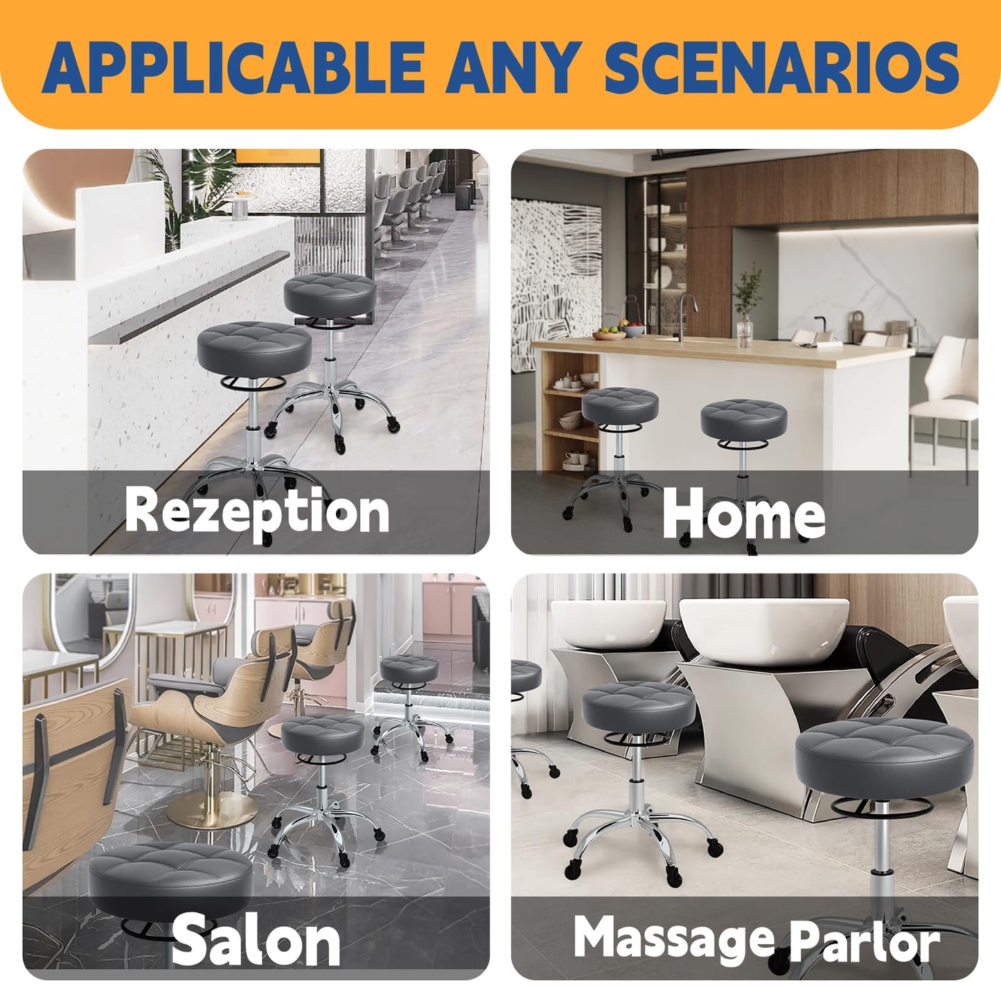 Rolling Stool Heavy Duty 400lb: Super Soft Seat Cushion,360° Swive,Height Adjustability,No Squeaky Noises,No Tip Over,New Upgraded stool Salon Stool Chair, Tattoo Facial Massage Spa Medical (Grey1)
