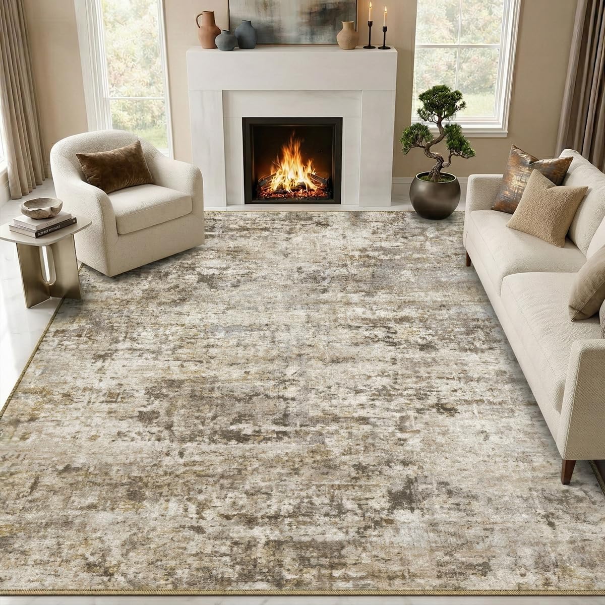 Syrlfar 8x10 Area Rugs Washable Living Room Rug-No Slip Soft Carpets Modern Abstract Indoor Floor Stain Resistant Large Carpet for Bedroom Dining Room Farmhouse Nursery Home Office Brown