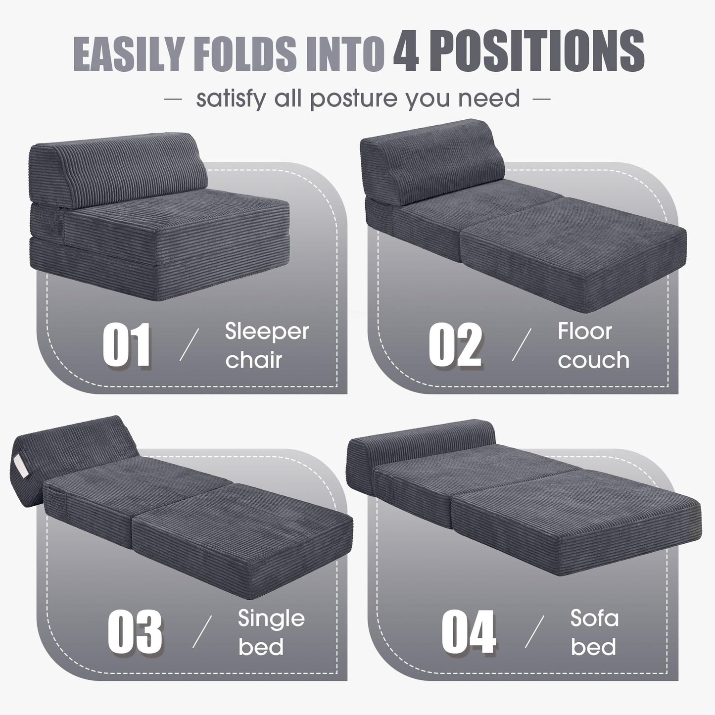 Kasunpul Folding Sofa Bed with Pillow, Memory Foam Fold Out Chair Bed, Convertible Sleeper Chair with Washable Cover, Futon Floor Couch for Living Room/Dorm/Guest Use/Home Office/Apartment, Gray