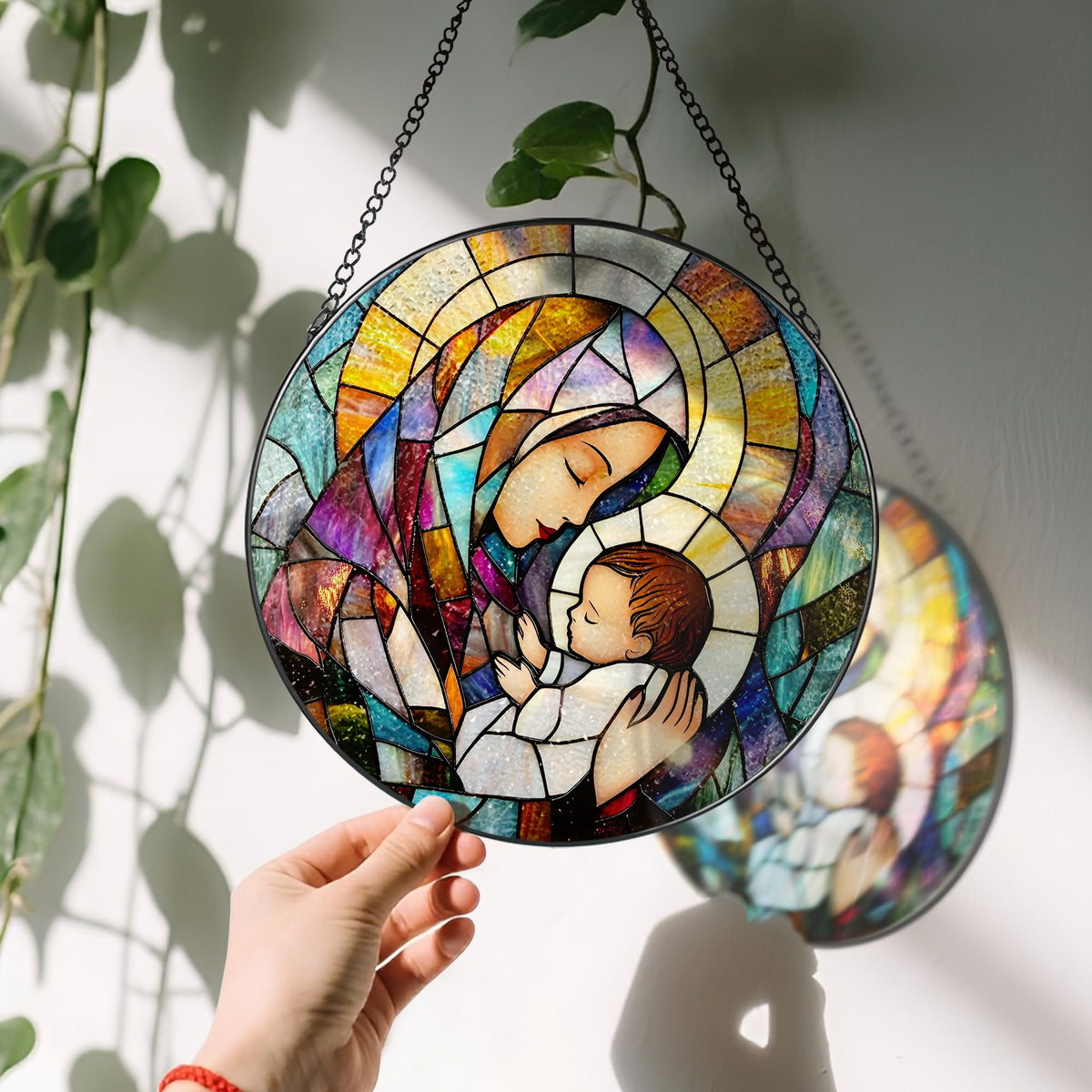 Baby Jesus and The Holy Mother Mary Sun Catcher, 8 Inch Stained Glass Window Hanging, Stained Glass Decor, Christian Home Decor, Christian Gifts for Women, Religious Gifts for Women