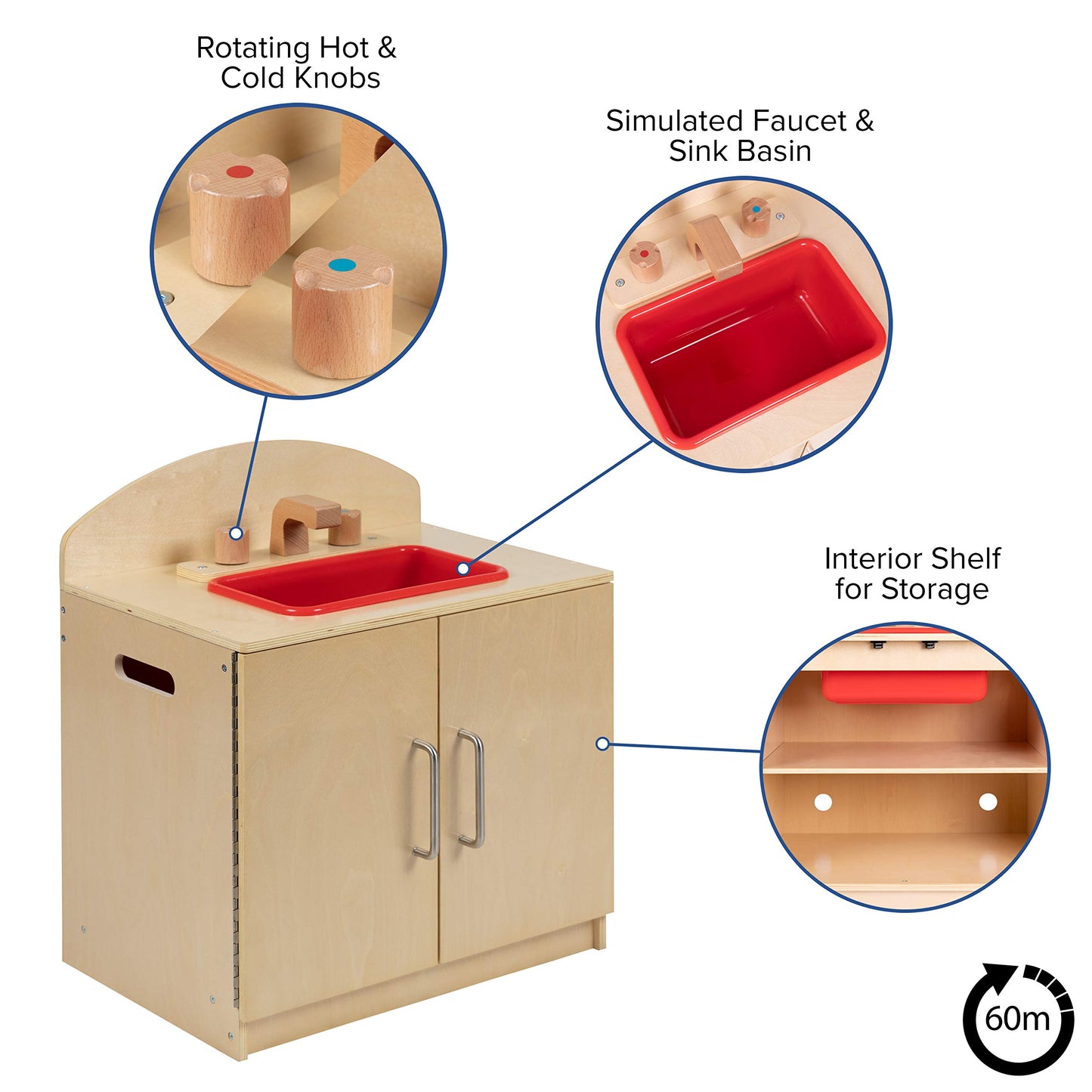 Flash Furniture Hercules Children's Wooden Kitchen Sink for Commercial or Home Use - Safe, Kid Friendly Design
