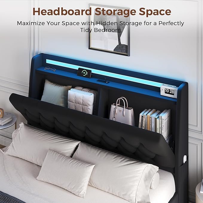 Full LED Velvet Bed Frame with 2 Storage Drawers&Hidden Headboard, Upholstered