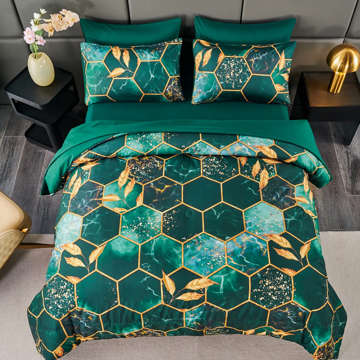 ZRNBAST Hexagon Emerald Green Comforter Set Queen Honeycomb Geometric Bedding Set 7 Piece Bed in A Bag with Gold Trim Print Pattern All Season Marble Bed Set with Sheets (Emerald Green, Queen)