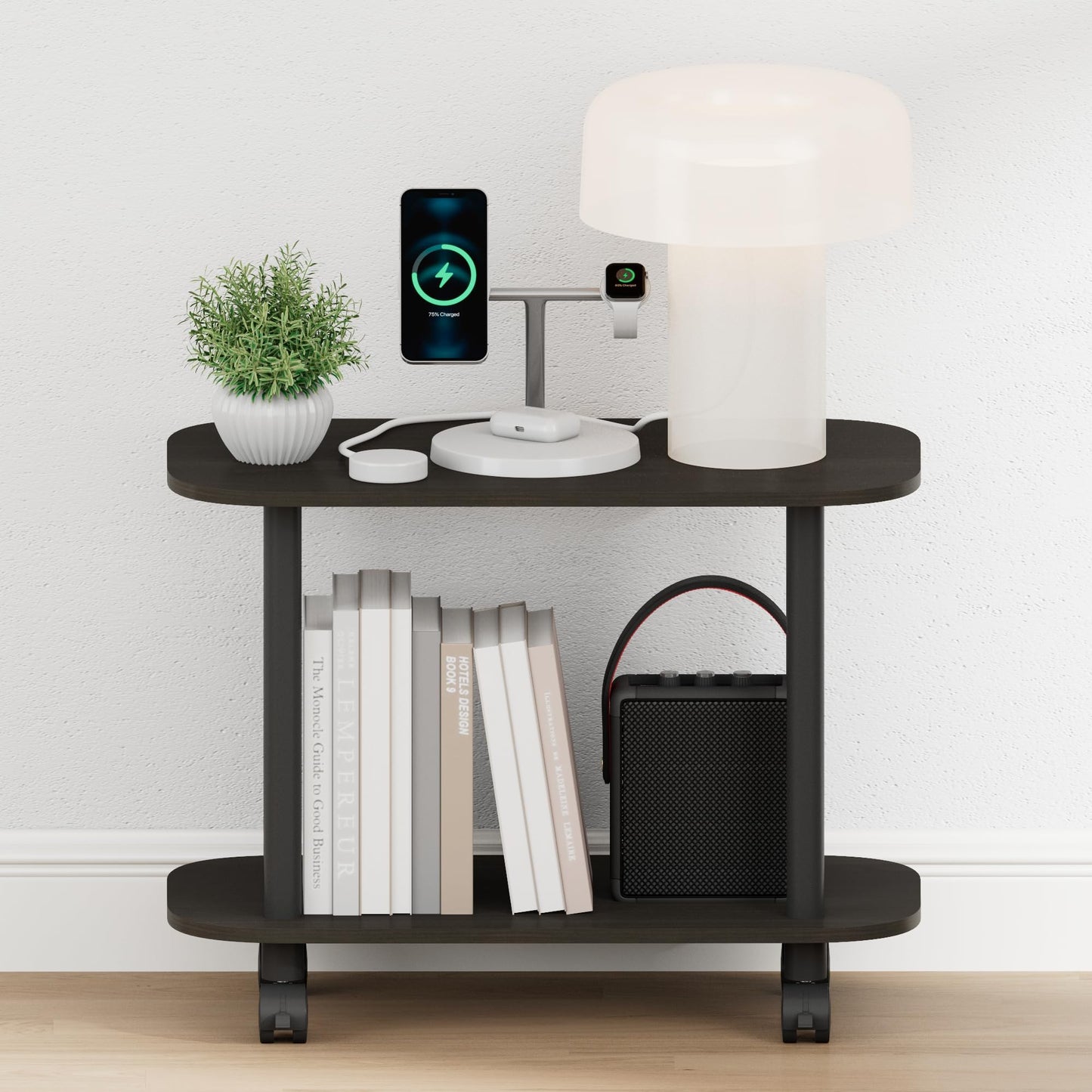 Furinno Turn-N-Tube Night Stand, 2-Tier Oval Nightstand with Wheels, Round Corner Side Table, End Table with Open Shelf, Toolless Assembly, for Living Room, Bedroom, Espresso