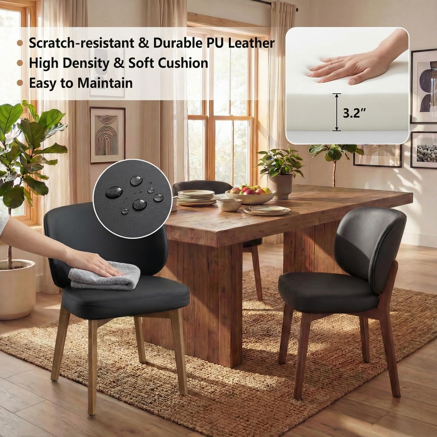YOUNIKE Black Dining Chair with High Back Single Mid Century Modern Kitchen Chair Faux Leather Upholstered Armless Accent Chair 20" Wide Padded Seat with Soild Wooden Legs for Living Room Bedroom