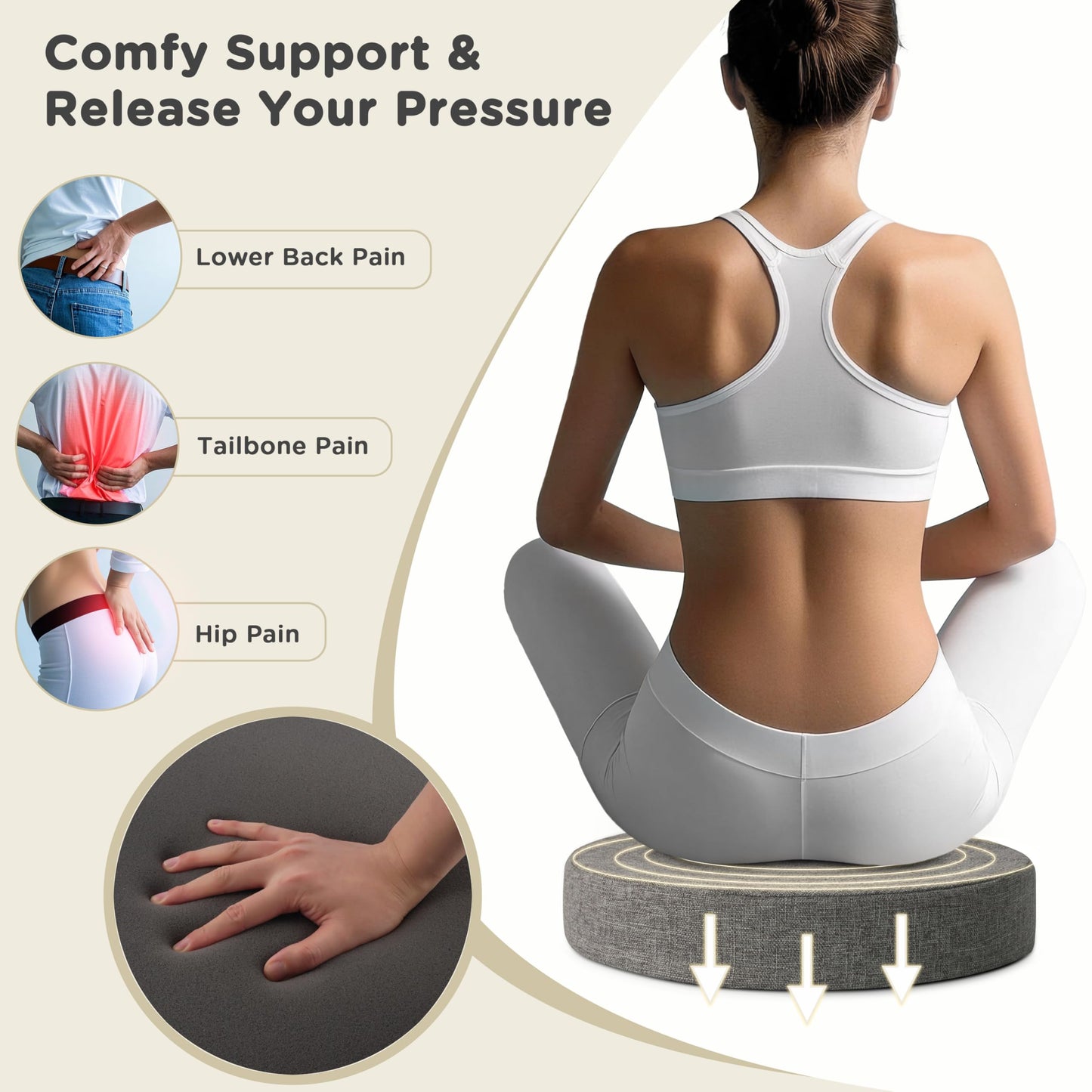 AddGrace 2.5" Thick Non Slip Round Chair Pad 1 Pack, 16" Round Chair Cushion with Machine-Washable Cover and Long Zipper, Seat Cushions for Kitchen, Office, Floor and 16" Ottoman, Light Grey