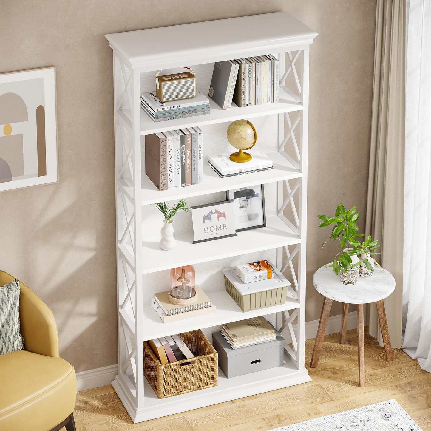 Tribesigns 6-Tier Bookcase, 71 Inches Industrial Bookshelves and Bookcases, Floor Standing 5 Shelf Display Storage Shelves Tall Bookcase for Home Office, Living Room, Bed Room, White