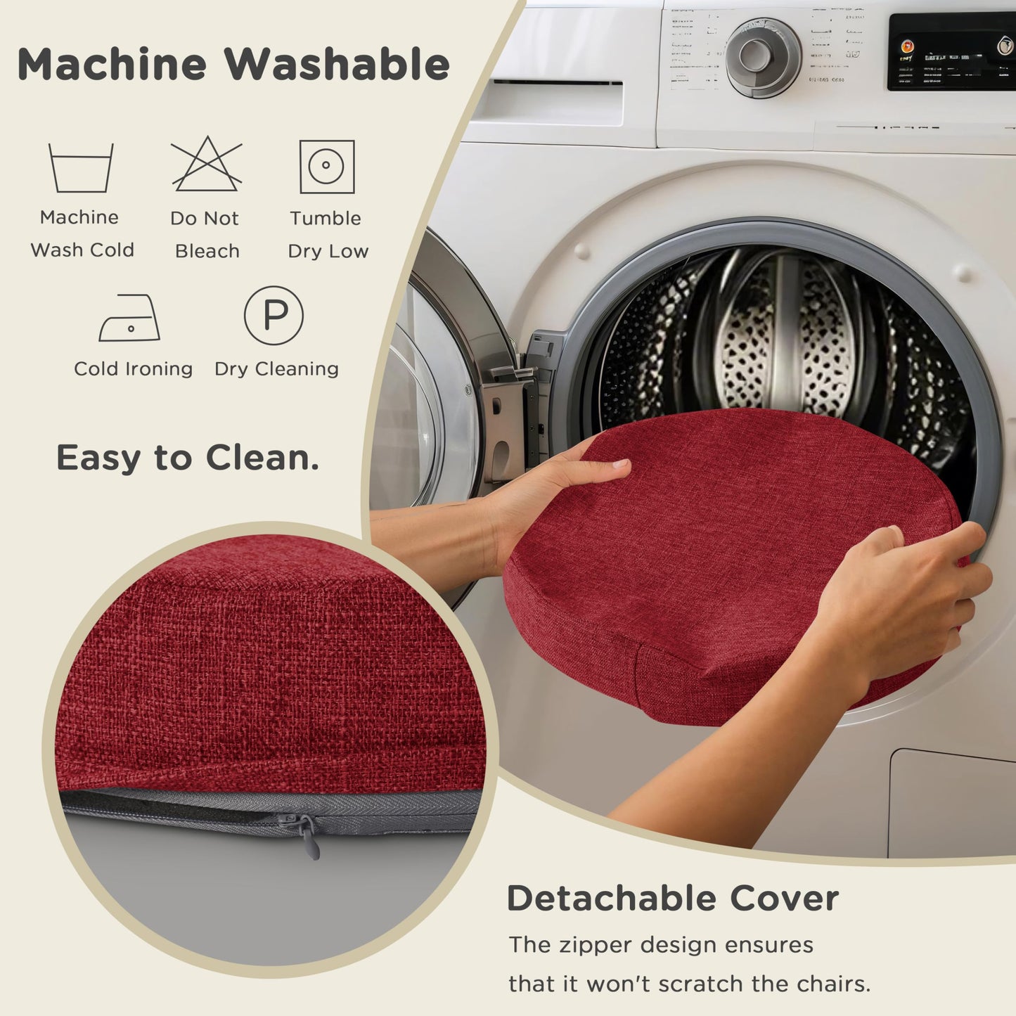 AddGrace 2.5" Thick Non Slip Round Chair Pad 1 Pack, 16" Round Chair Cushion with Machine-Washable Cover and Long Zipper, Seat Cushions for Kitchen, Office, Floor and 16" Ottoman, Red