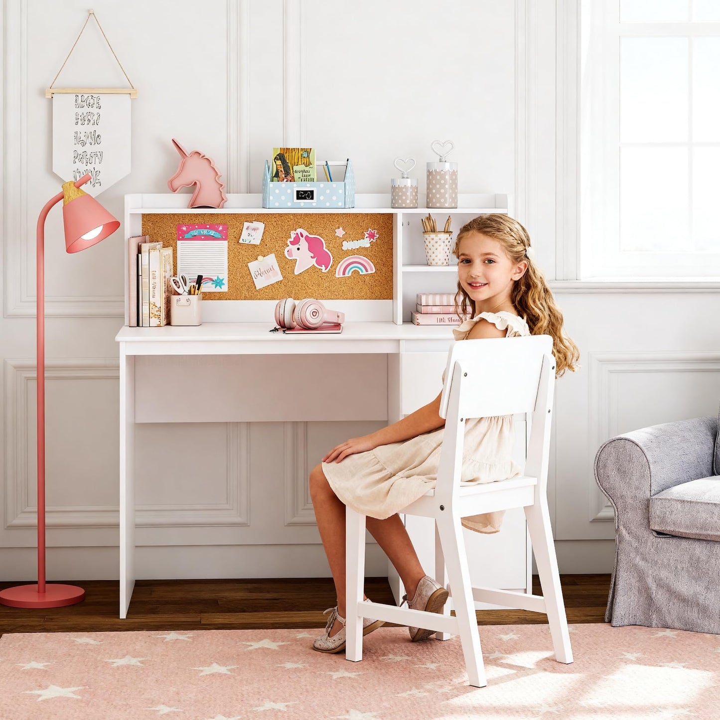UTEX Kids Study Desk with Chair, Kids Desk and Chair Sets with Hutch for 5-12, Wooden Children Study Table, Student Writing Table Computer Workstation