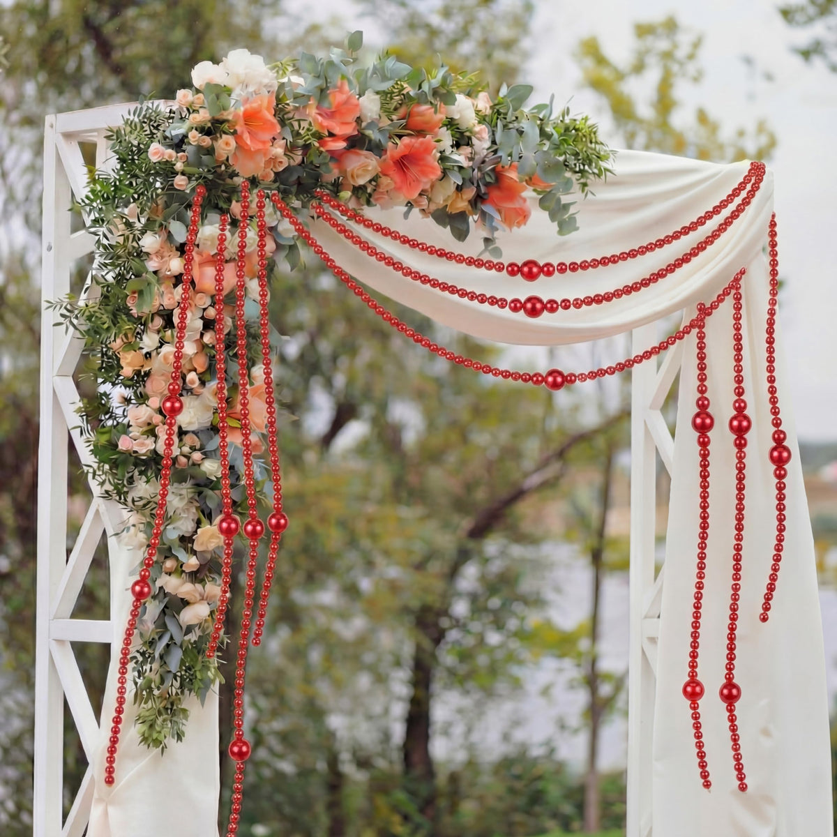 Yalikop 11.8 ft Red Faux Pearl Beads Garland for Wedding Pearl Garland Strand Chain Wedding Decoration for Floral Centerpieces Bridesmaid Party Favor Mantel Fireplace Stairs