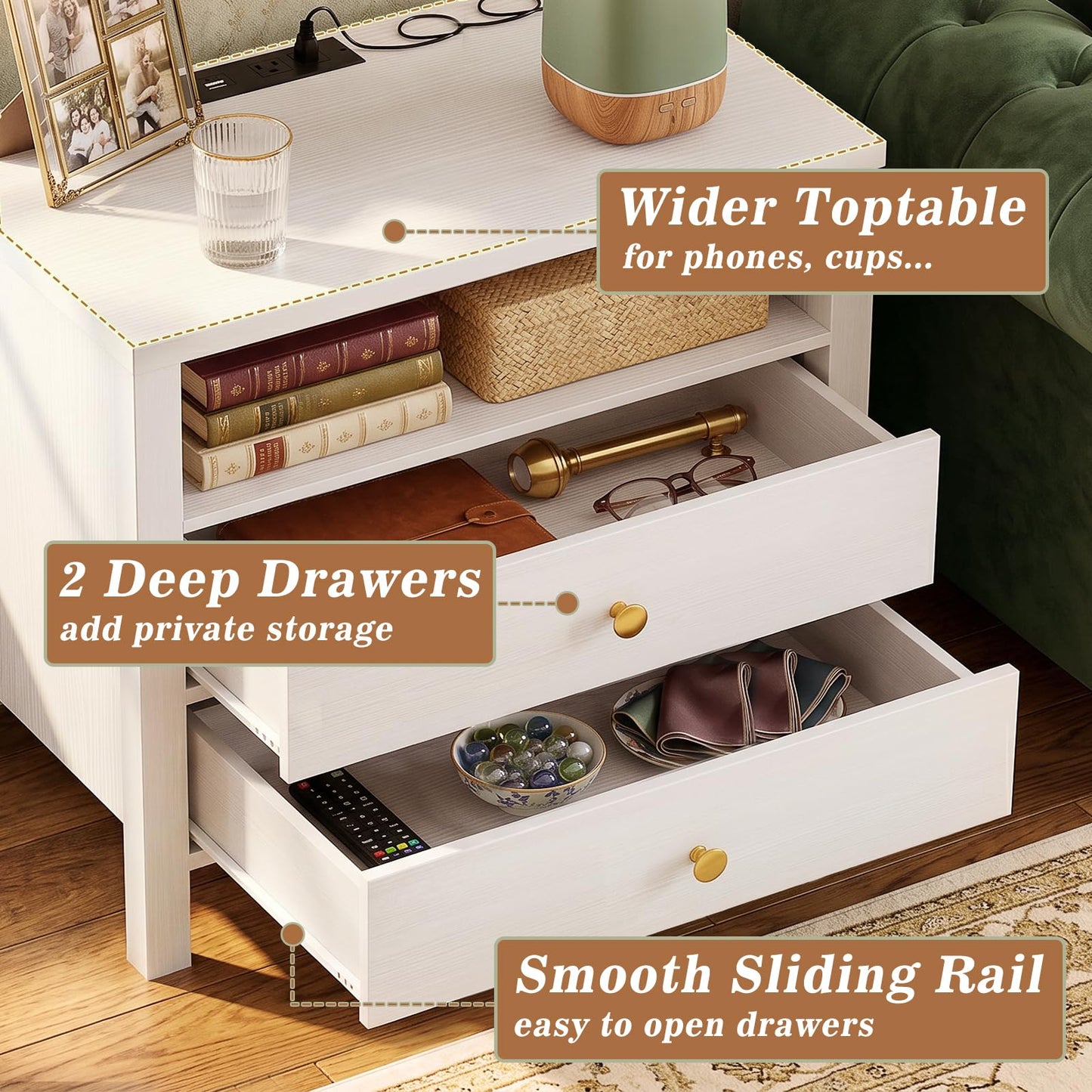 Aheaplus Nightstand with Charging Station, 23.6'' Large Bed Side Table with Wooden 2 Drawers, Night Stand for Bedroom, End Table with Open Storage Shelf for Living Room, White