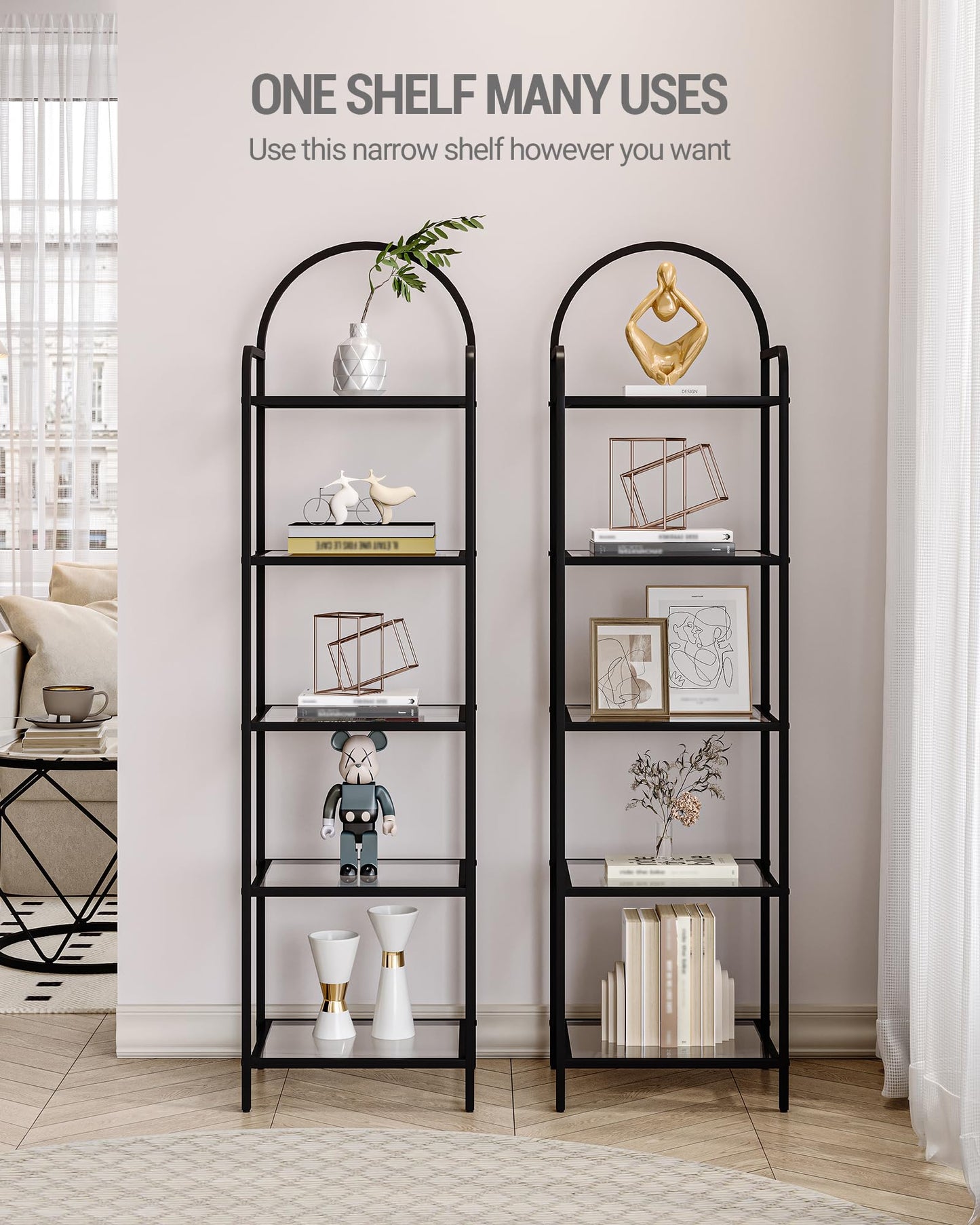 Hzuaneri Bookcase Bookshelf, Tempered Glass Bookshelves, Slim Shelving Unit for Bedroom, Bathroom, Home Office, Steel Frame, 5 Tier Black BC05001B