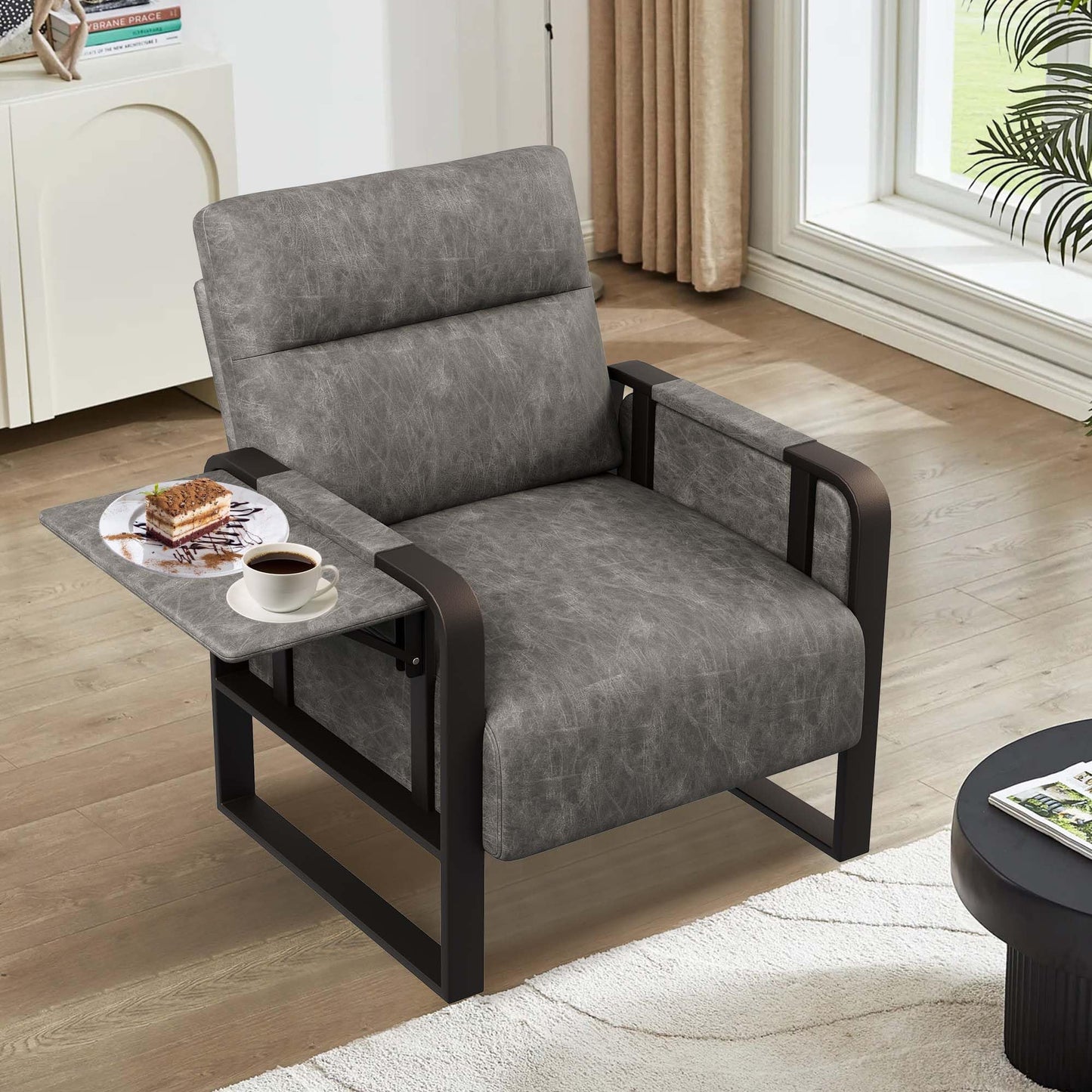 Apeaka PU Leather Accent Chair, Modern Armchair with Foldable Table Upholstered Side Chairs for Living Room Bedroom Office Chair Grey