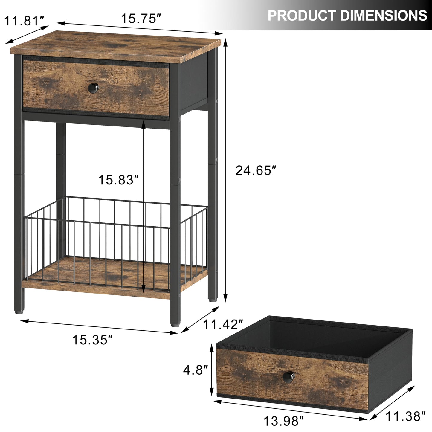 VAFEKOL End Tables Bedroom, Night Stand with Drawers, Industrial nightstand, Nightstand with Fabric Bins, Bedside Table End Table for Bedroom, Closet, Entryway, College Dorm, Rustic Brown LNT0061BR