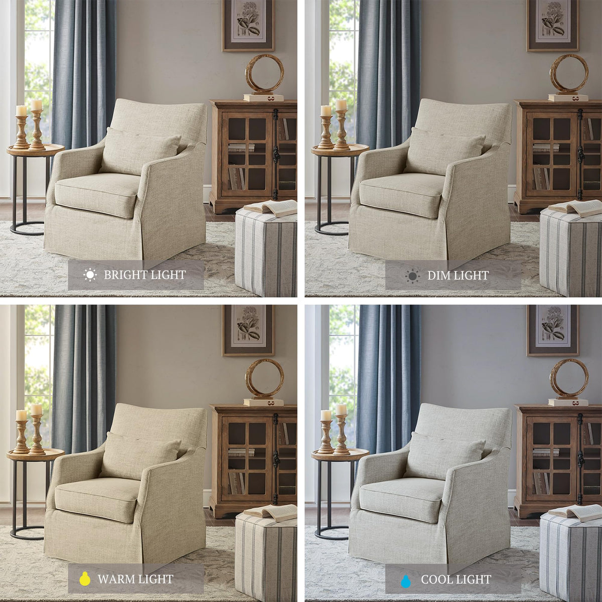 Martha Stewart London Swivel Chair - Solid Wood & Plywood, Skirted Metal Base Accent Armchair, Lumbar Pillow -Modern Classic Family Room Sofa Furniture Bedroom Lounge, 28"X31.5"X35.25", Beige Multi