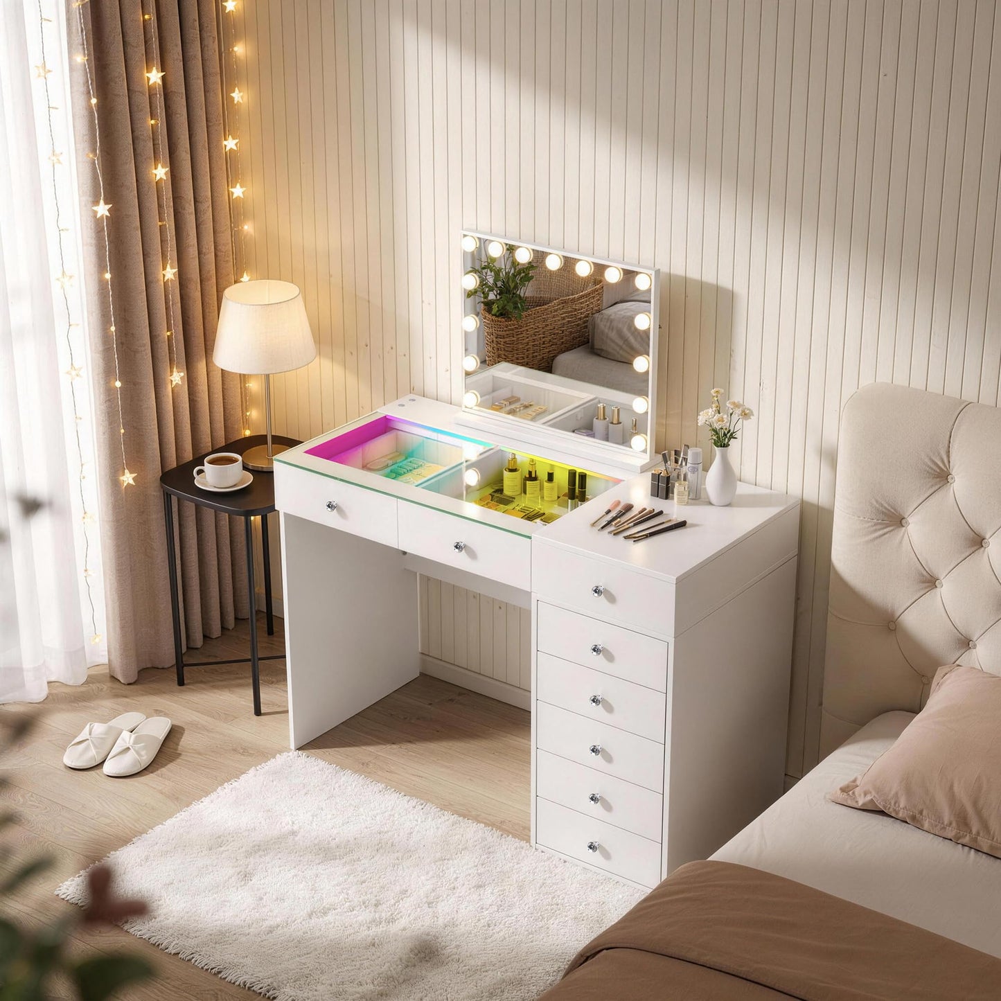 VANITII Vanity Hollywood Mirror with Lights Speaker USB Charging Lighted Makeup Mirror with Bulbs 3 Lighting Modes and Desktop Light up Mirror for Bedroom Dressing Room