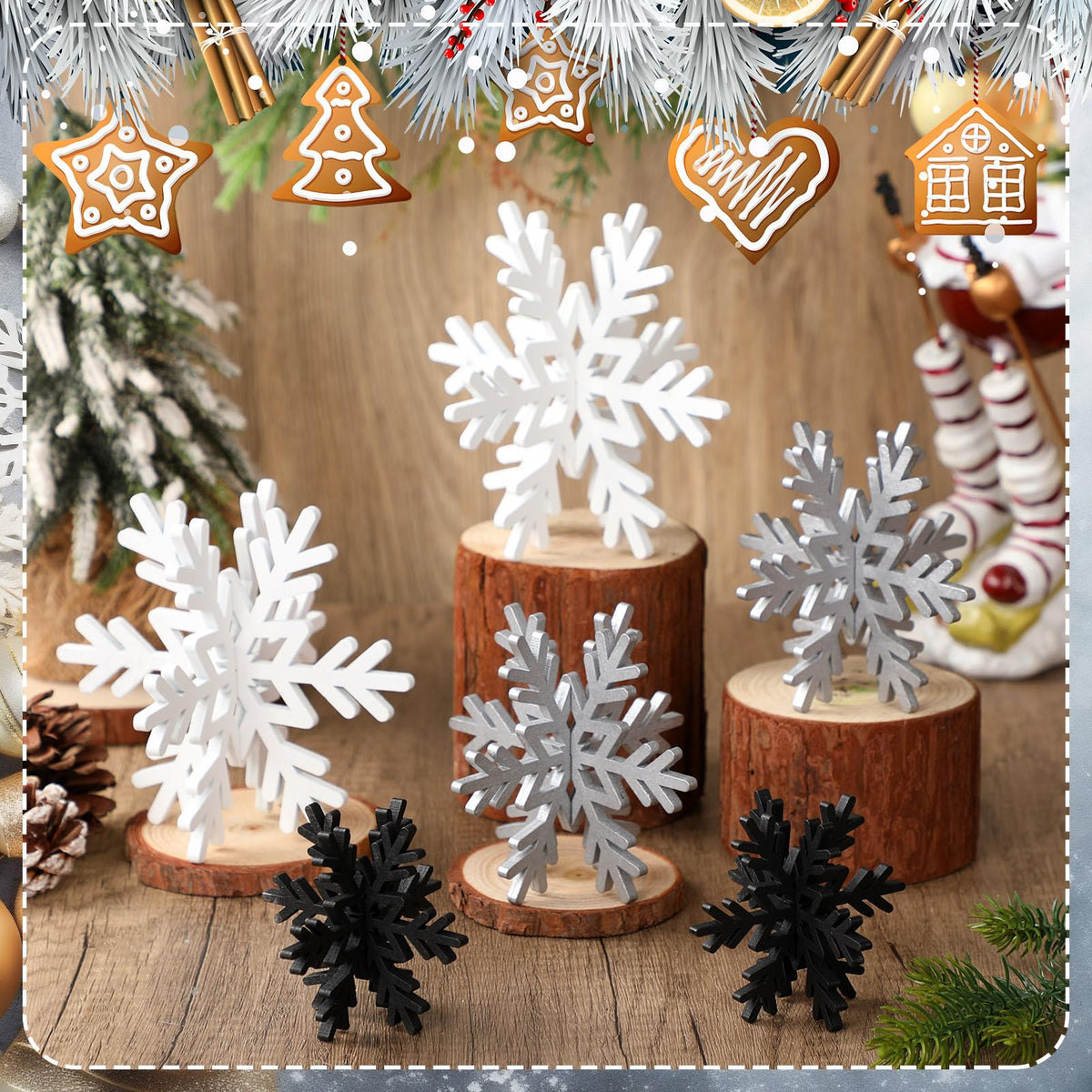 Bucherry 12 Pcs Wooden Snowflake Table Decor 3D Snowflake Tabletop Signs and Centerpiece for Frozen Party Christmas Xmas Winter Wonderland Decorations Home Office Mantel(White, Gray, Black)