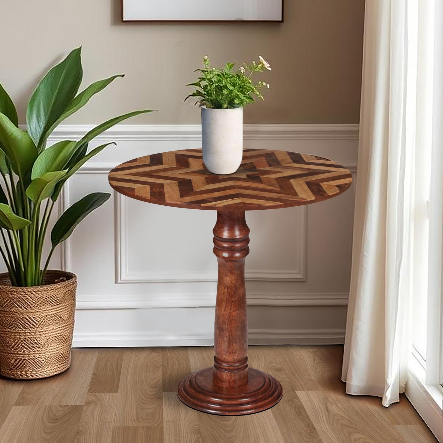 The Wooden Town Handcrafted Round Coffee Table for Living Room – 18x21.5 Inch Wooden End Table, Side Table, Accent Table – Solid Wood Small Table with Pillar Joint Design – Natural Finish