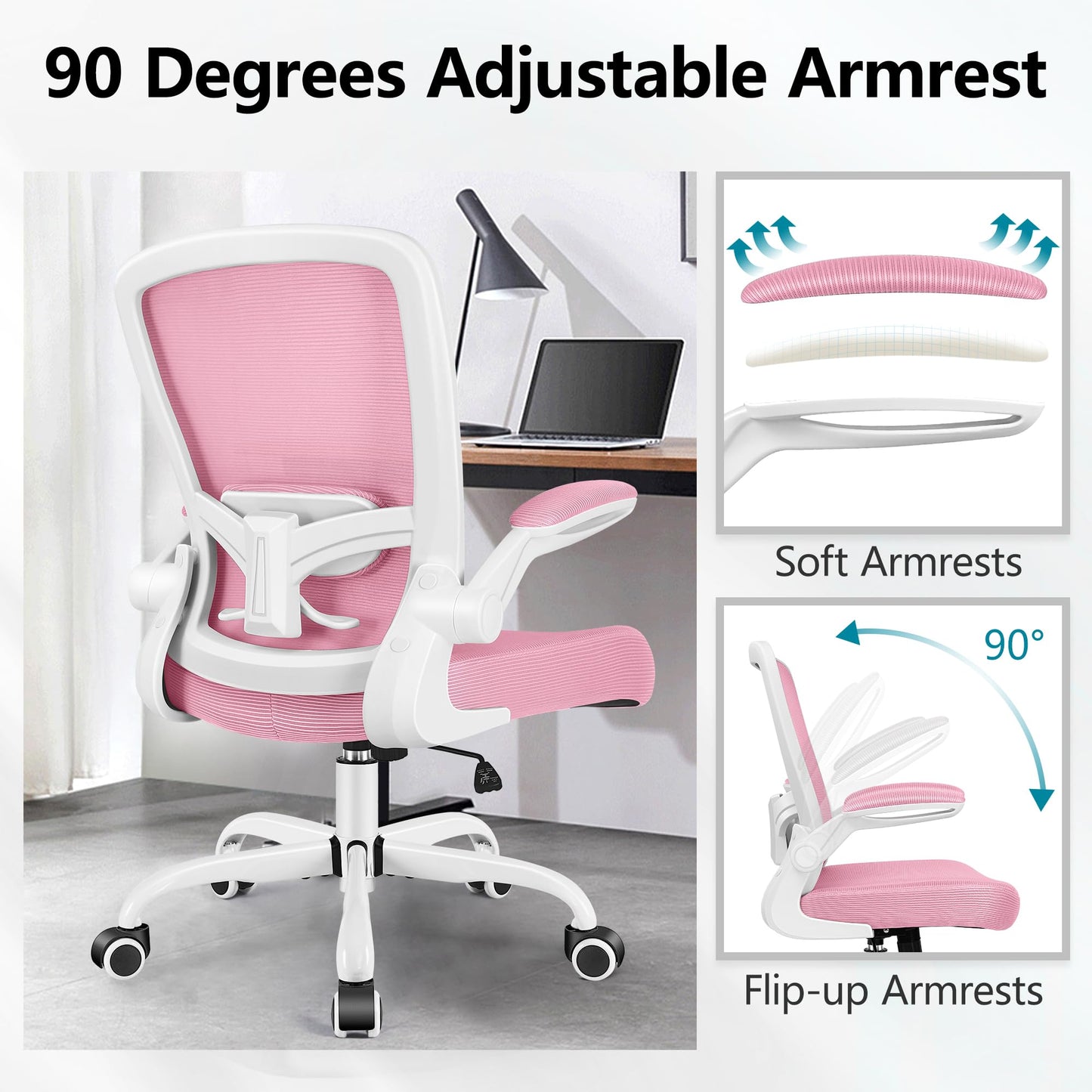 FelixKing Office Chair, Ergonomic Desk Chair Breathable Mesh Chairs Adjustable High Back Lumbar Support Flip-up Armrests, Executive Rolling Swivel Comfy Computer Chairs Home Office Pink
